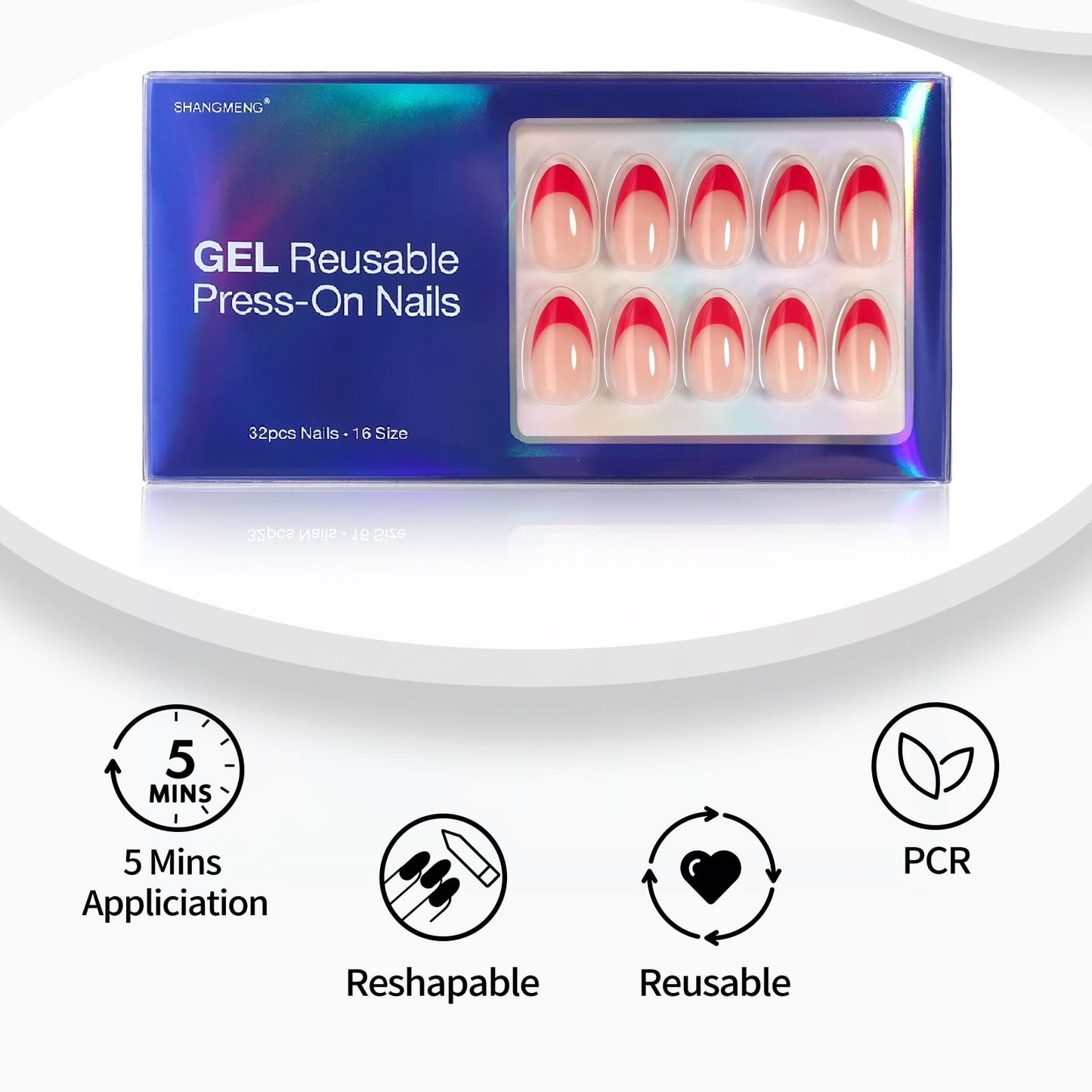 Red French Tip Press on Nails Short - SHANGMENG Soft Gel Almond Press on Nails for Women Gift, Fit Perfectly & Natural Glue on Nails with Glue in 16 Sizes - 32 Reusable Fake Nails, Red French