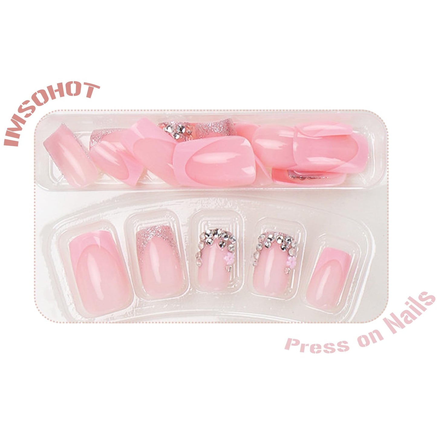 IMSOHOT Square Press on Nails Short Fake Nails Pink French Tip False Nails with Rhinestone & Flower Designs Full Cover Acrylic Stick on Nails for Women Girls Manicure Kit