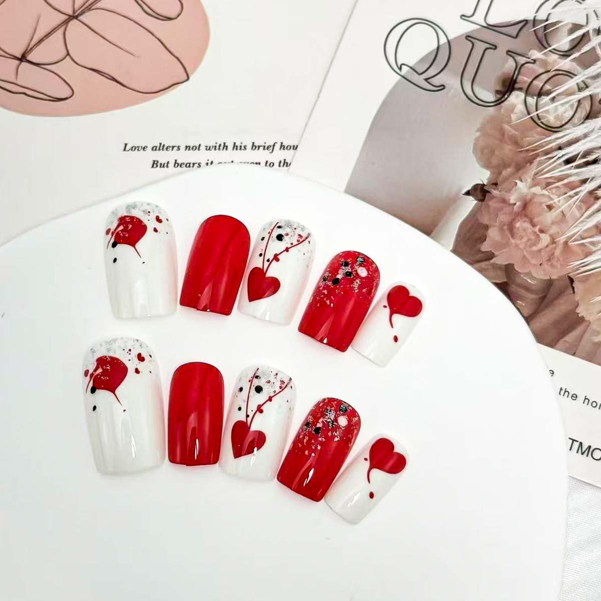 24Pcs Valentines Press on Nails Short Square Red Heart Fake Nails Red Love Design Glue on Nails Glossy Curve Dots False Nails for Women Valentine Nail Decoration for Women Gift