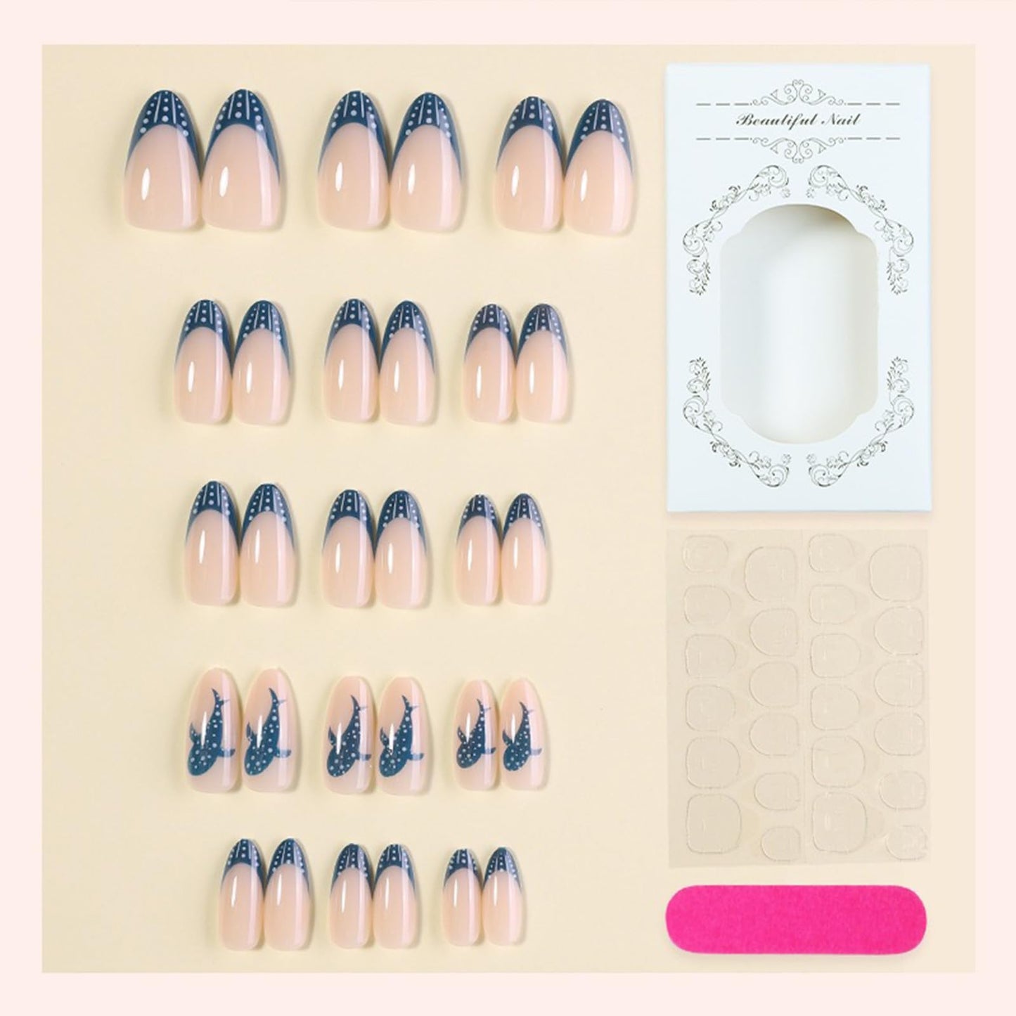 GCSQW Summer Press on Nails Almond, Ocean Whale Shark Fake Nails Polka Dot French Tip Nails Glossy Acrylic Nails Press ons, 30Pcs Reusable Stick on Nails for Women Manicure Vacation Wear