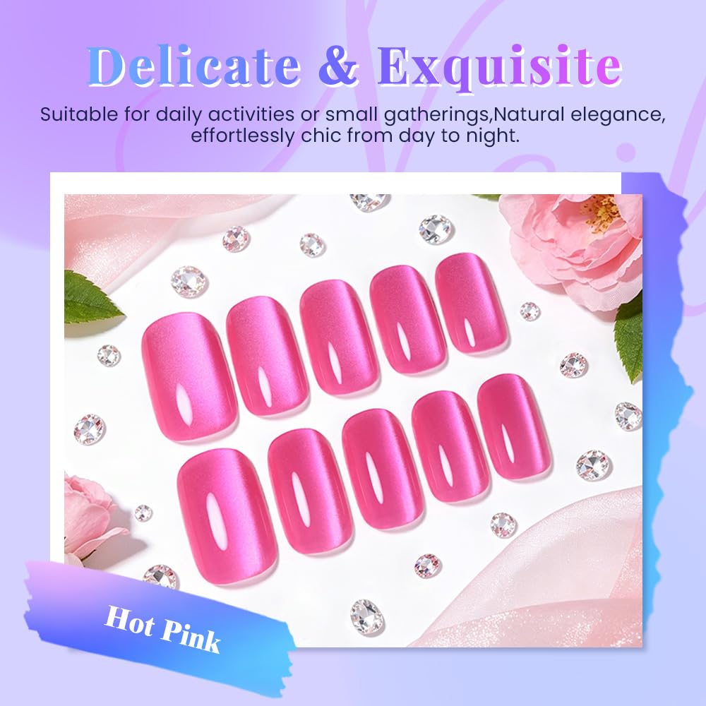 evpct Hot Pink Cat Eye Square Medium Press on Nails for Women, Rose Red Medium Square No Glue Stick on Nails with Cat Eye Design, Holographic Glossy Soft Nail, Reusable Press on Acrylic Fake Nail