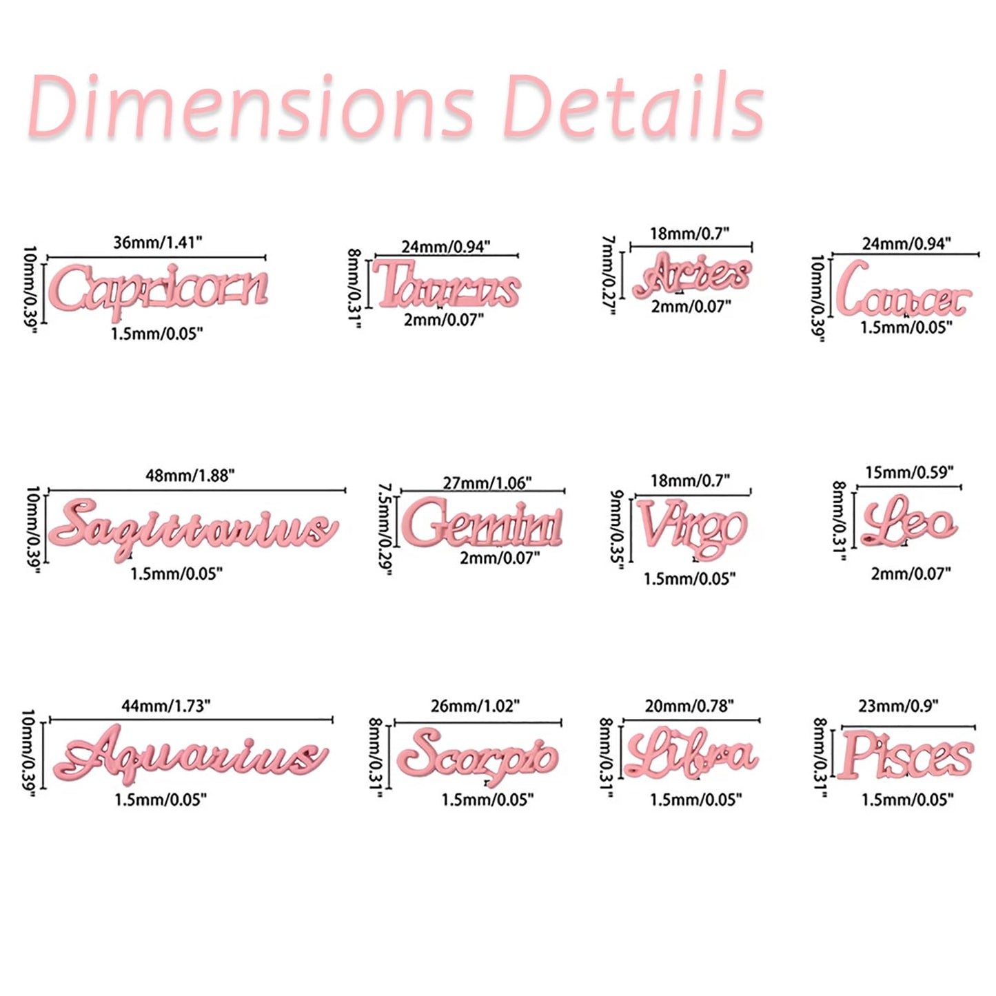 JERCLITY 48 Pieces Pink Silver Alloy Zodiac Nail Charms Zodiac Signs Nail Studs Constellation Words Charms for Nails Twelve Constellation Nail Charms Set for Women Girls Nail Art