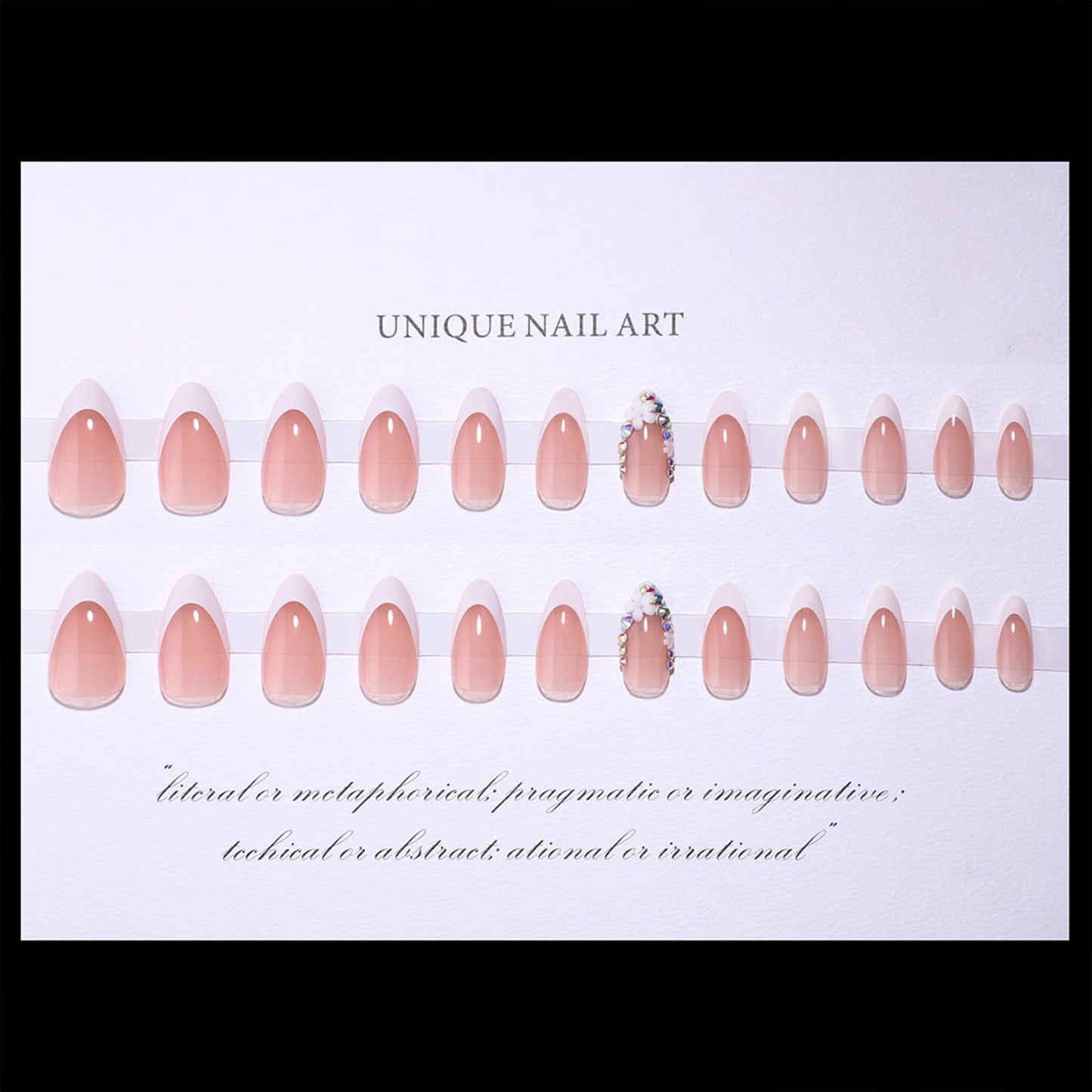 FJSMTOPl 3D Flower Press on Nails Almond Fake Nails Press ons French Tip False Nails with Desgins Rhinestones Acrylic Glue on Nails Artificial Stick on Nail for Women Manicure 24Pcs