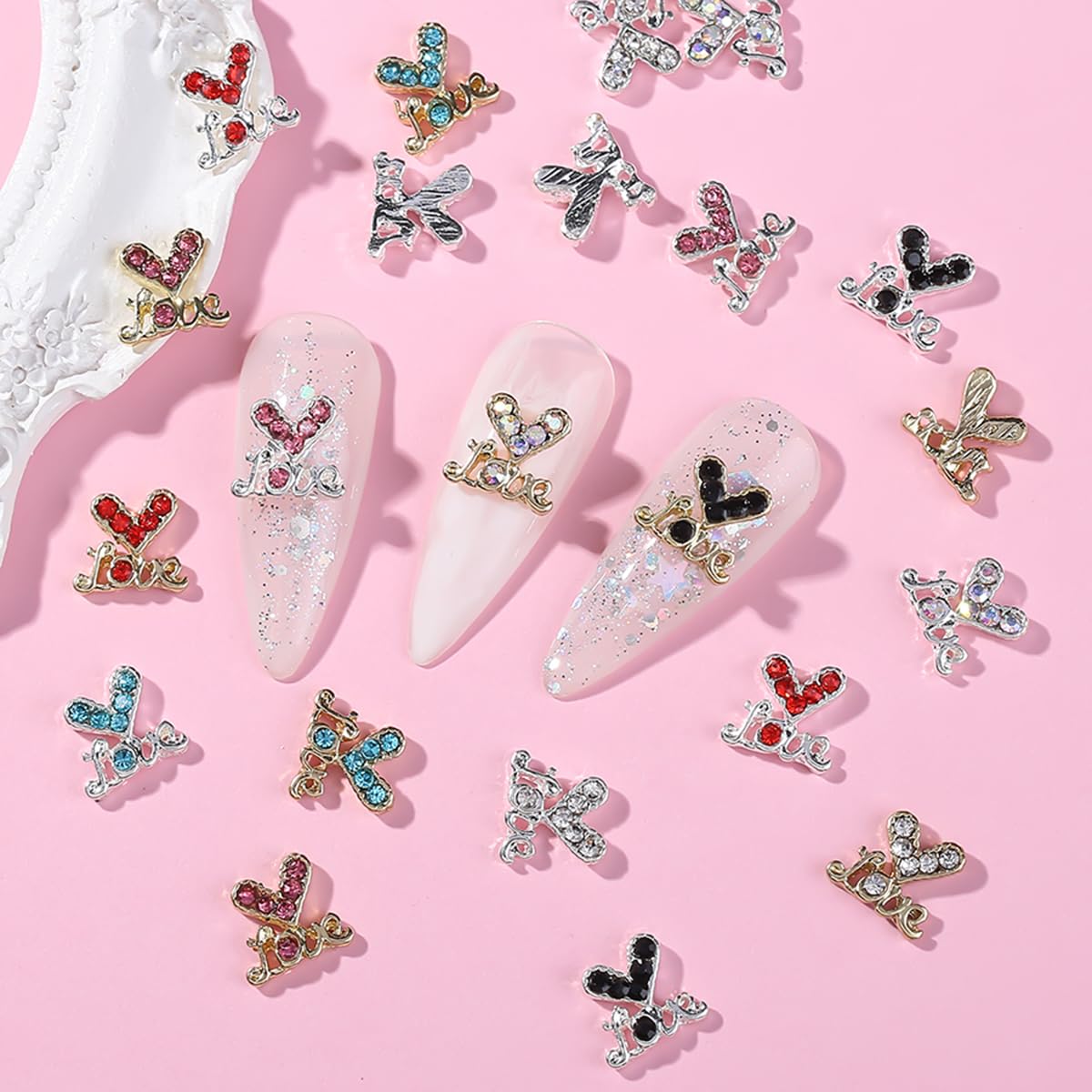 12Pcs 3D Heart Nail Art Charms Silver Nail Charms Heart Nail Accessories Rhinestones Diamond Alloy Nail Gems for Women Girls Valentine's Nail Art Design DIY Craft Jewelry