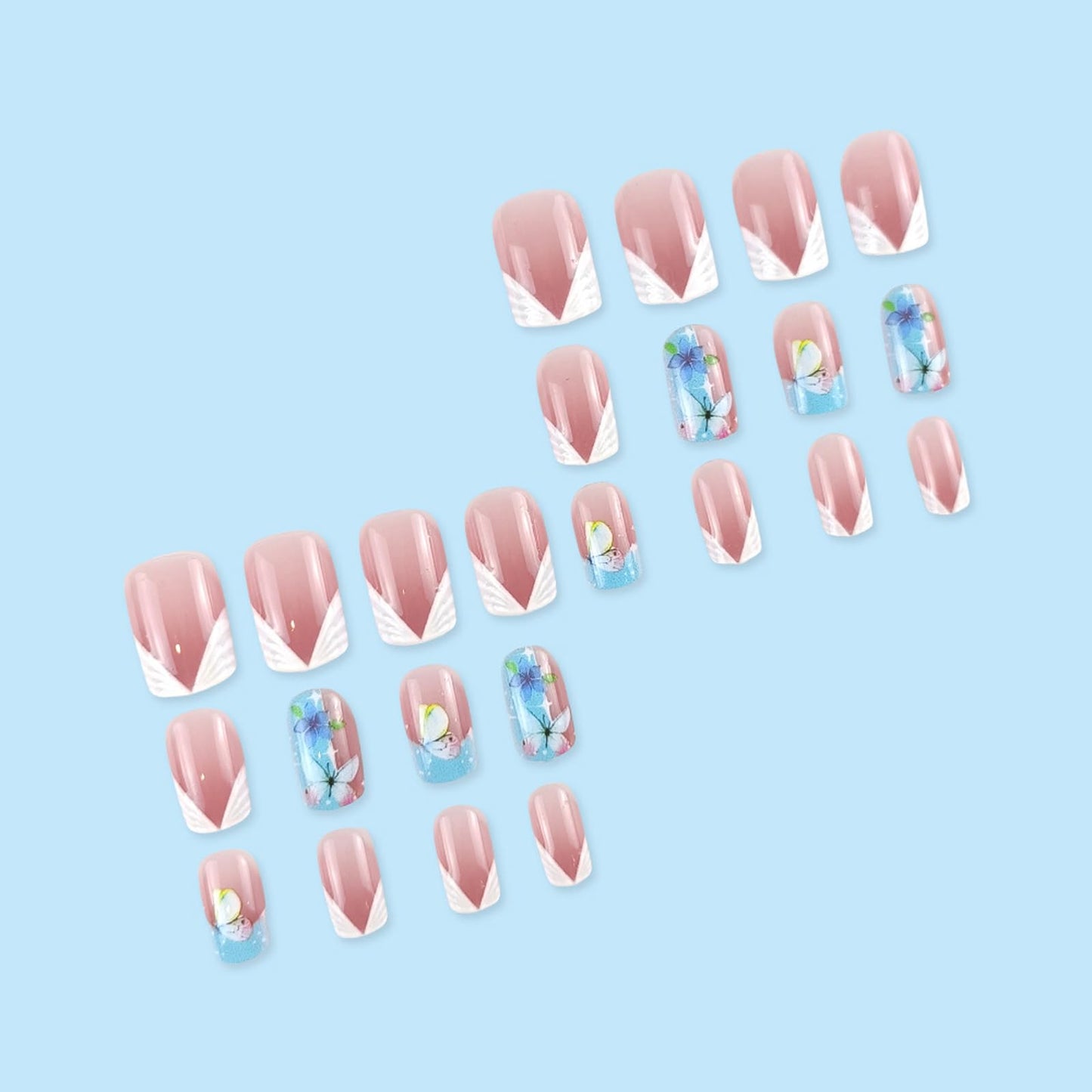 IMSOHOT Short Press on Nails Square White French Tips Fake Nails with Blue Butterfly Designs Full Cover Glossy Squoval False Nails Stick on Fingernails Gel Glue on Nails for Women Girls 24Pcs