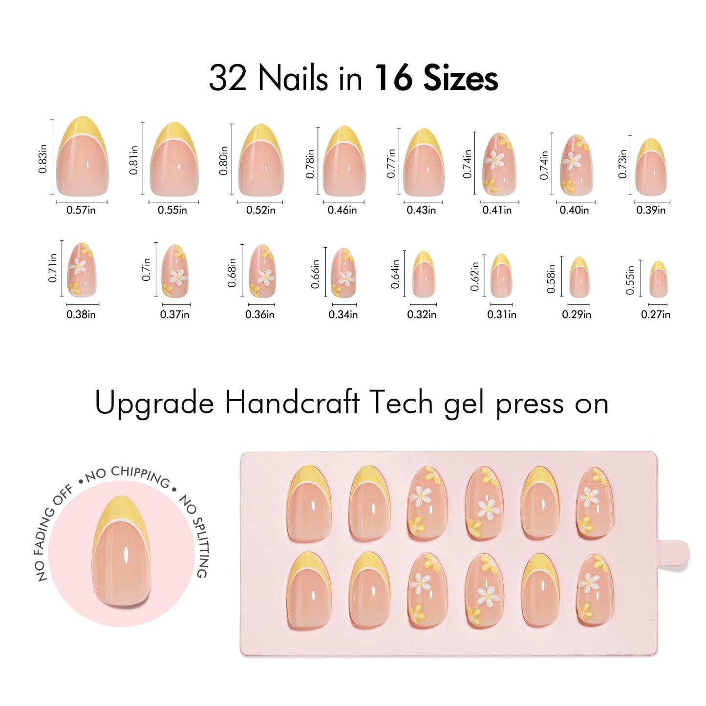 VSALON Press on Nails Short Almond - French Tip Lemon Yellow 3D Flower Design Fake Nails Kit, Floral Spring Summer Salon Gel Glue on Nails with Glue & Cuticle Oil - 32 PCS Stick on Nails in 16 Sizes