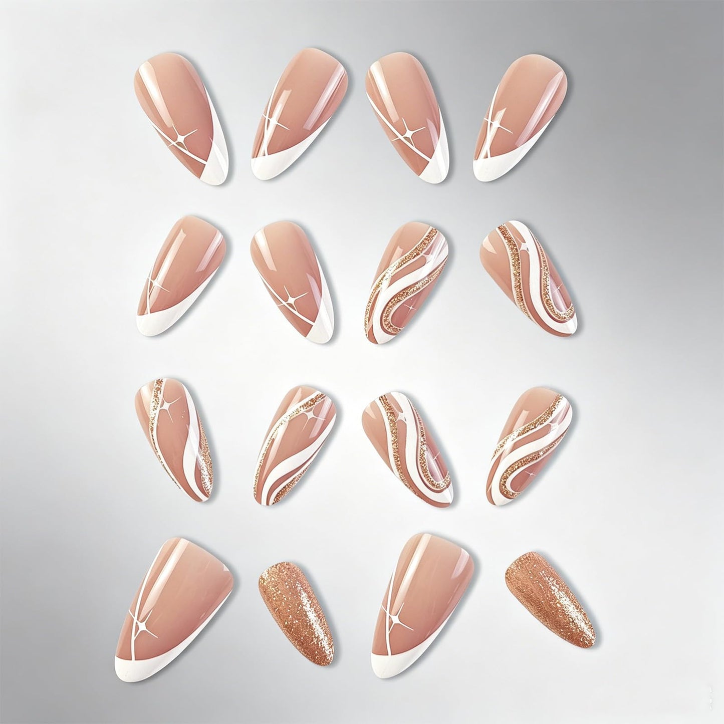 Medium Almond False Nails with Curve Line Design Stars Press on Nails Glossy Gold Glitter Fake Nail Wave Stick on Nail Milky Way Glue on Artificial Fingernails for Women Daily Wear