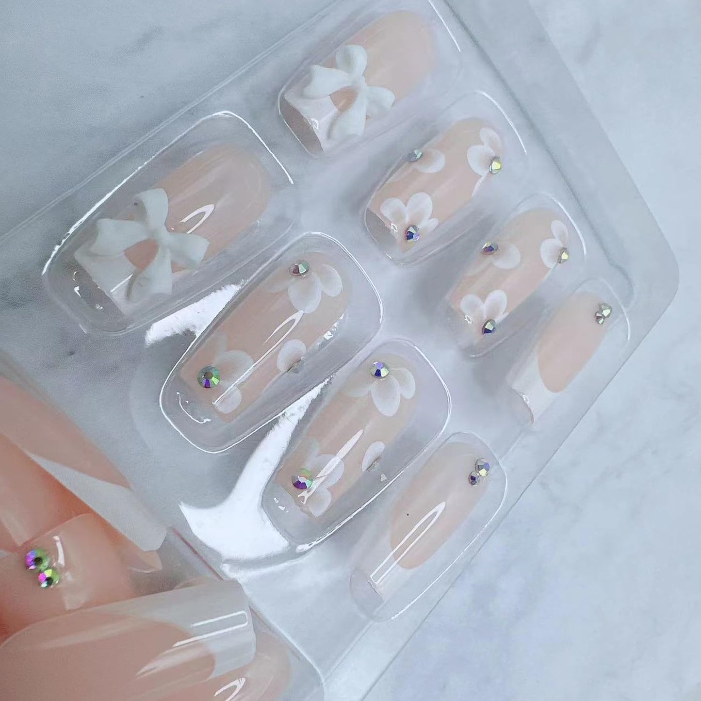 24pcs French Tip Press on Nails Medium Length Fake Nails Flower with 3D Flower Bow Charms Acrylic Nails Press ons Design Glossy Pink False Nails Cute Stick on Nails for Women Manicure Tips