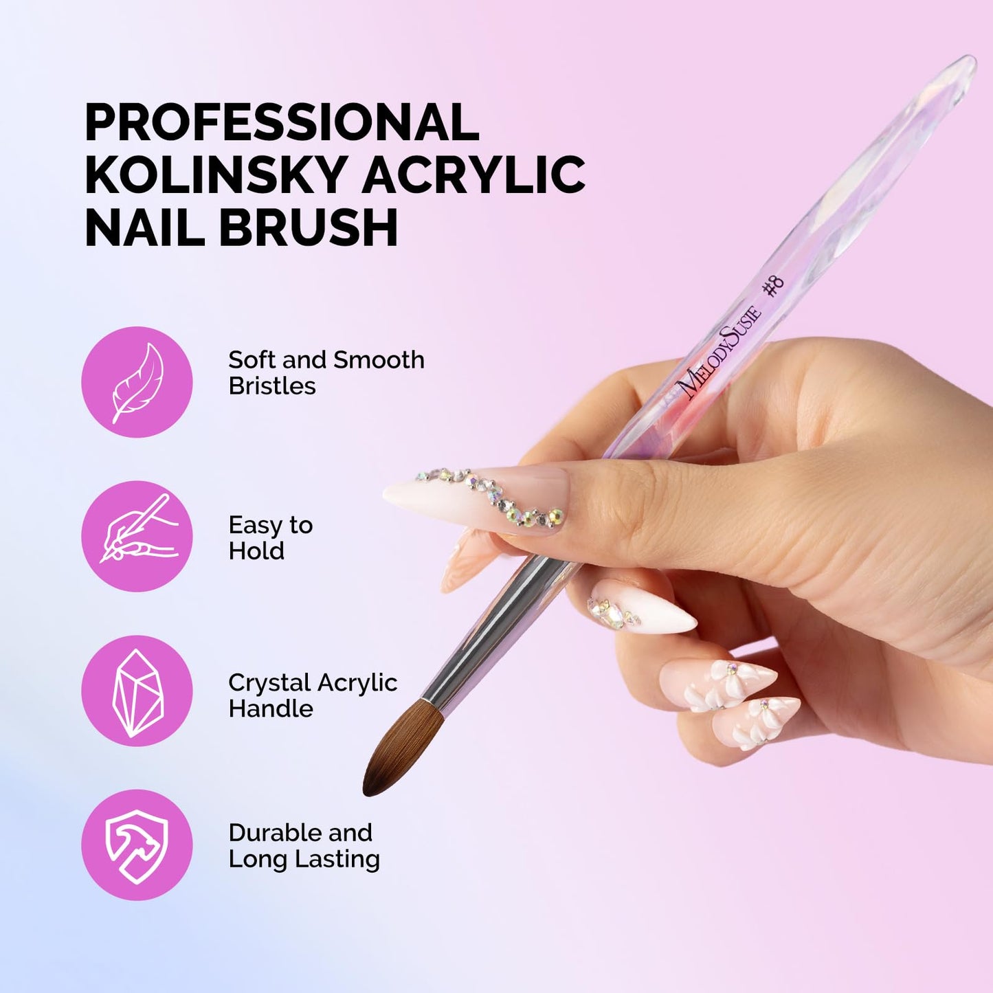 MelodySusie Kolinsky Acrylic Nail Brush, 100% Pure Kolinsky Hair, Professional Nail Brush for Acrylic Powder Nail Extension and 3D Nail Carving, for DIY Home Salon, Size 8