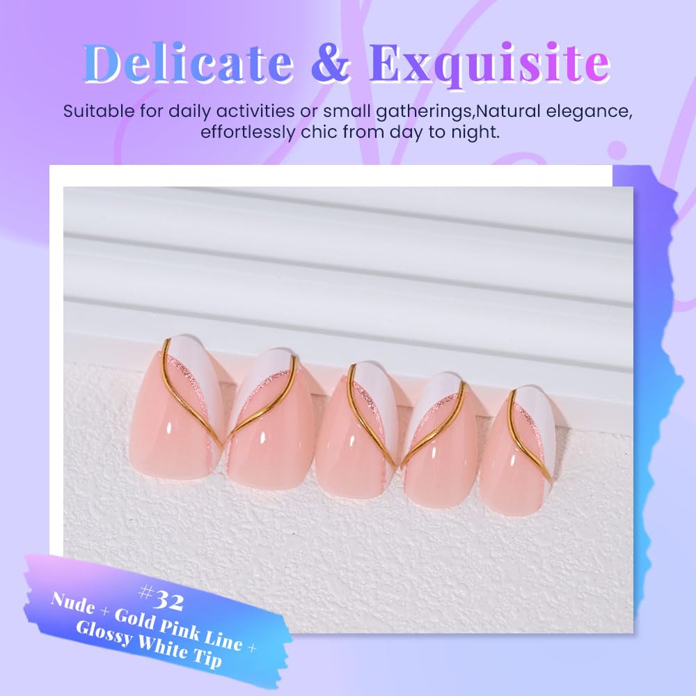 evpct French Tip Press On Nails Short Almond, Nude + Gold Pink Line & White Tips, Short Almond Fake False Press on Nails, Reusable Gel Stick on nail Press ons Nail Kit, Salon Quality