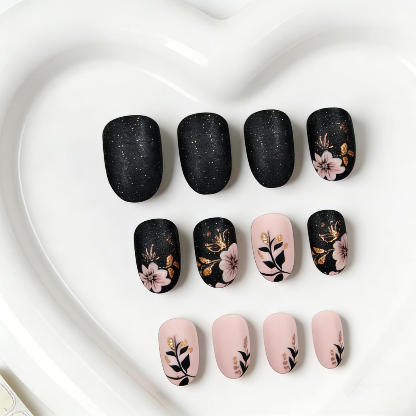 Short Press on Nails Almond Fake Nails with Flower Leaves Design Spring Floral False Nails Full Cover Acrylic Nails Matte Black Pink Glue on Nails Cute Stick on Nails for Women Manicure Decorations