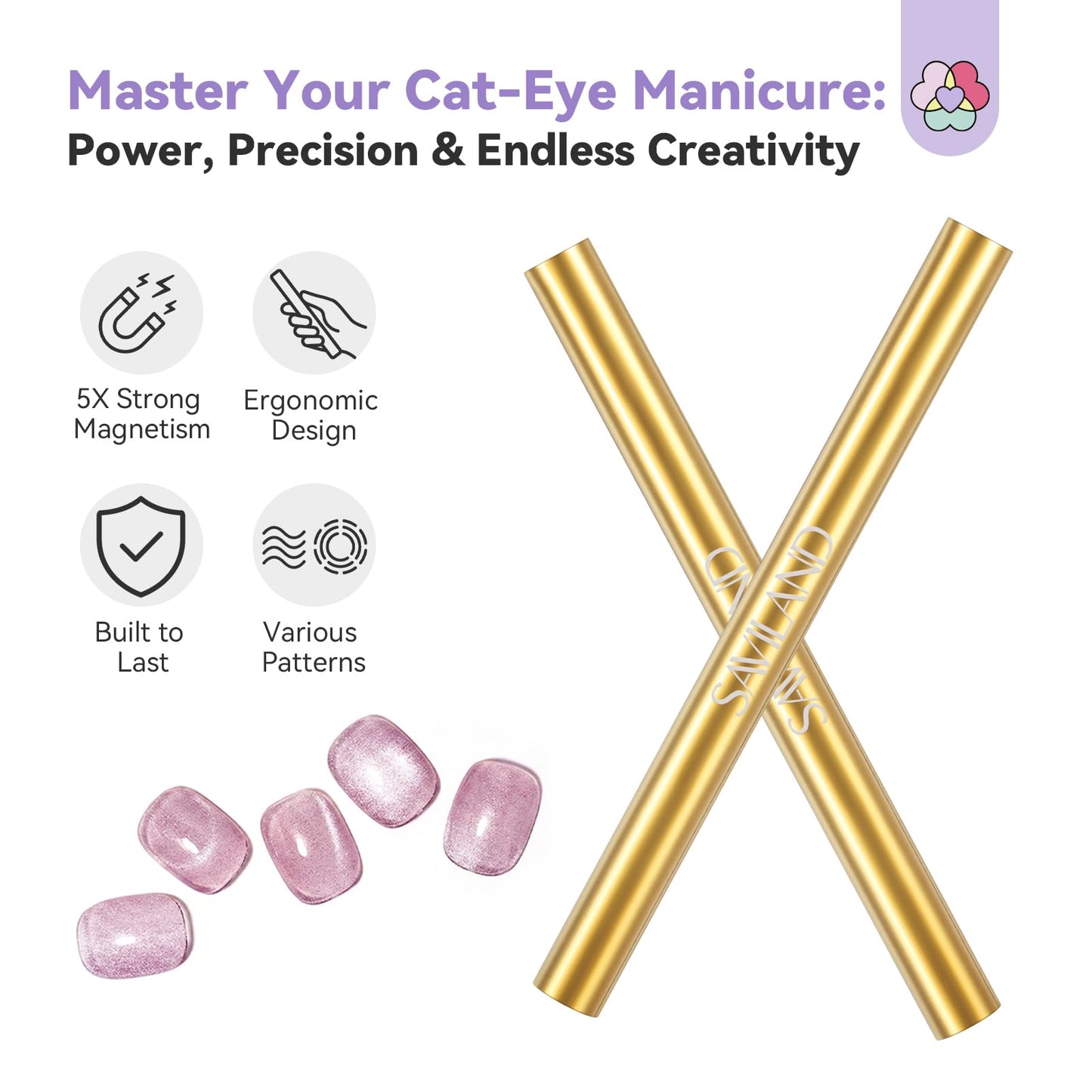 SAVILAND Cat Eye Magnet for Nails: 5X Stronger Golden Nail Magnets Stick with Heart Cateye Magnets Double-Head Cateye Magnet for Nails Magnetic for Cat Eye Gel Polish Nail Art Design Salon Home