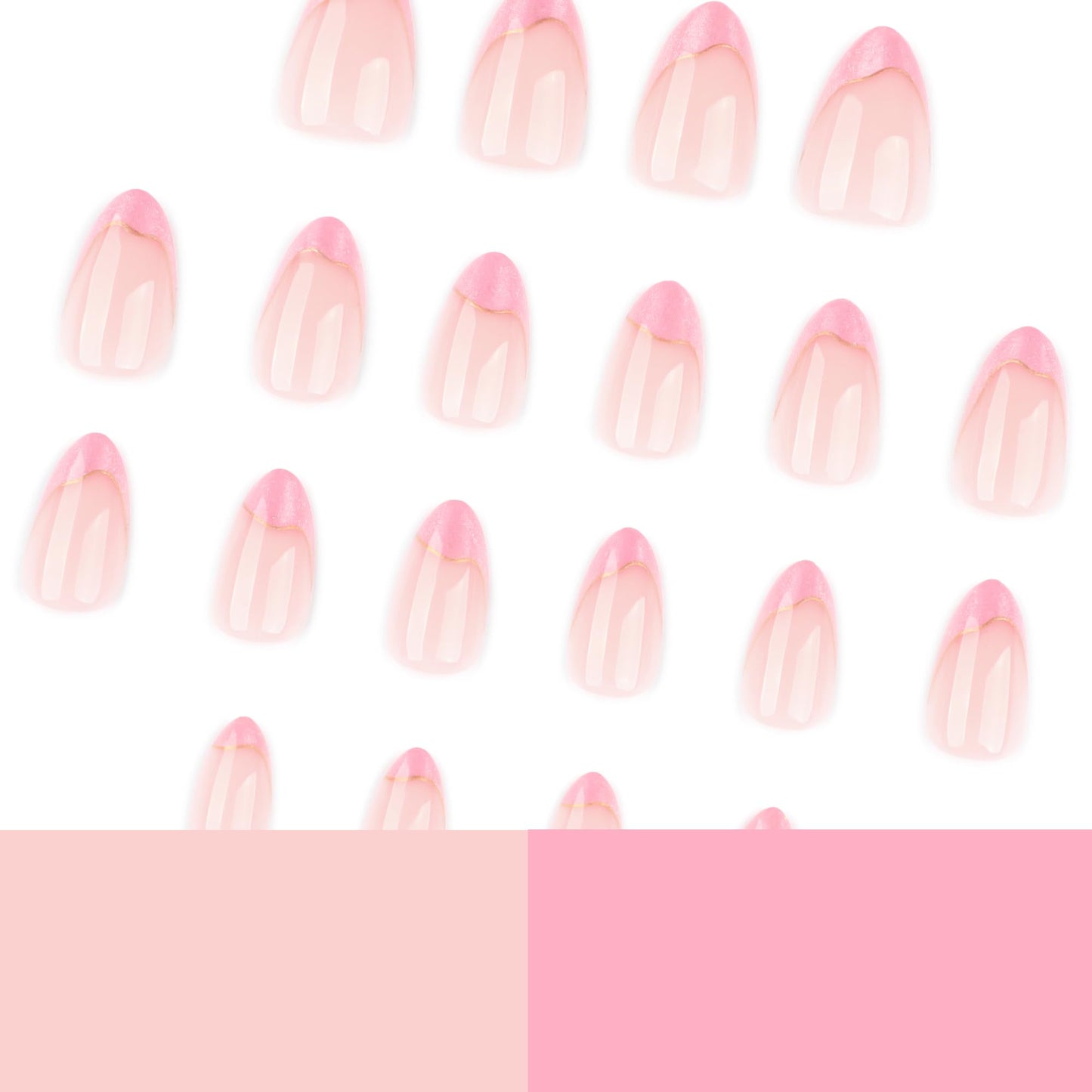Taoyisent 24PCS Pink Cat Eye French Tip Press on Nails, Short Almond Glitter Fake Nails with Gold Line Design, Glossy Nude Full Cover Acrylic Nails Reusable Stick on Nails for Women