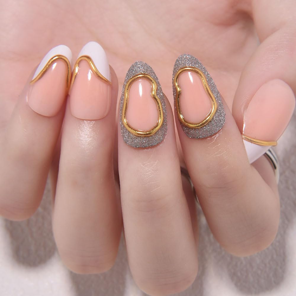 evpct French Tip Press On Nails Short Almond, Nude + Gold Line & White Tips, Silver Gray Glitter Short Almond Fake False Press on Nails, Reusable Gel Stick on nail Press ons with Nail Kit