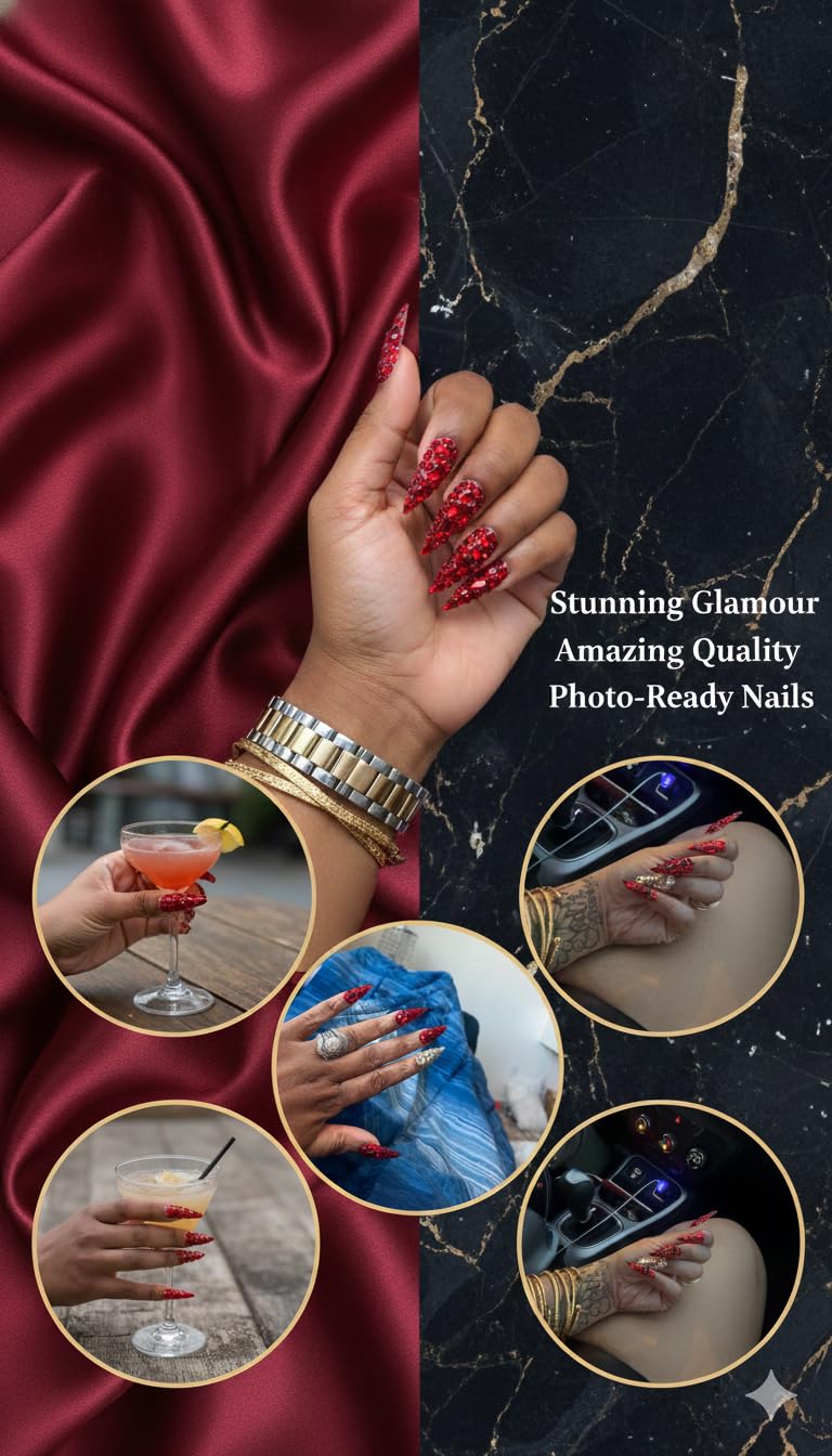MNAFAYY Luxury Gems 100% Handmade Nails Long Stiletto Press On Nails Full Cover 3D Rhinestone Crystal Gorgeous Reusable UV Finished Fake False Nails Acrylic Nail Kit With Box Gifts for Women Red