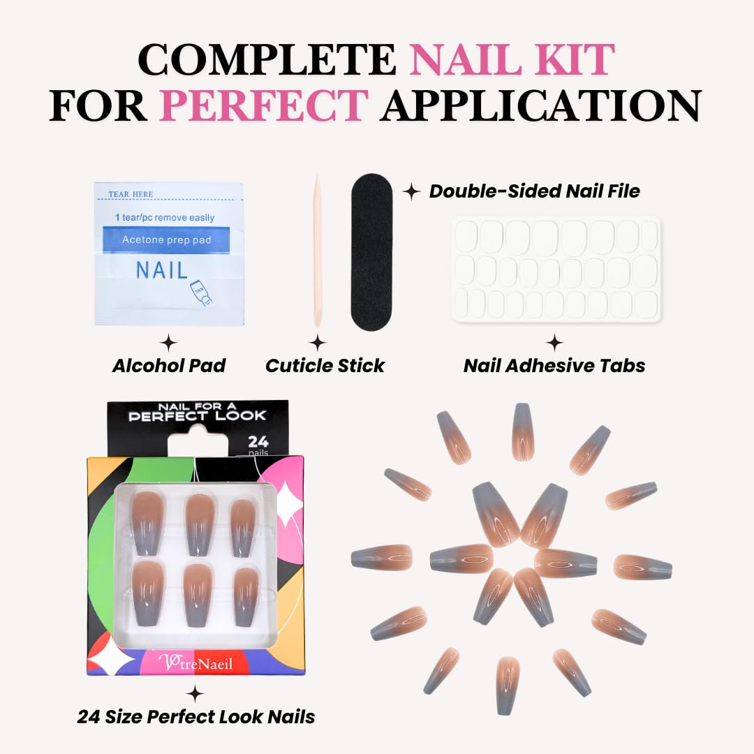 Press On Nails PerfectLook - Moon Fade | No Glue One-Day Long Coffin Nails, Grey Ombre Glossy Fake Nails - 24 Pcs Nail Kit with Adhesive Tabs