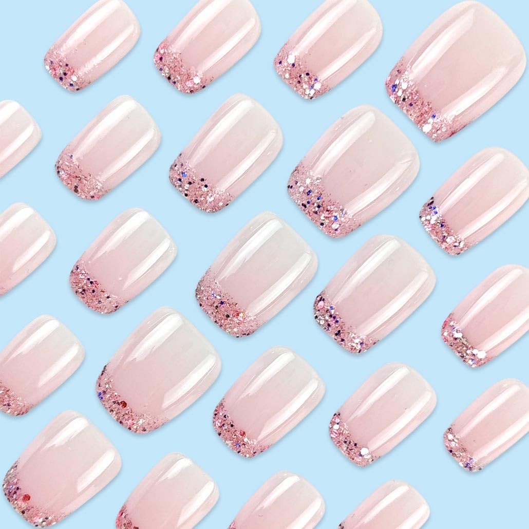 Foccna French Press on Nails Short Square Fake Nails with Pink Glossy Full Cover Stick on Nails Bling Sequins Acylic Nails for Women and Girls 30Pcs