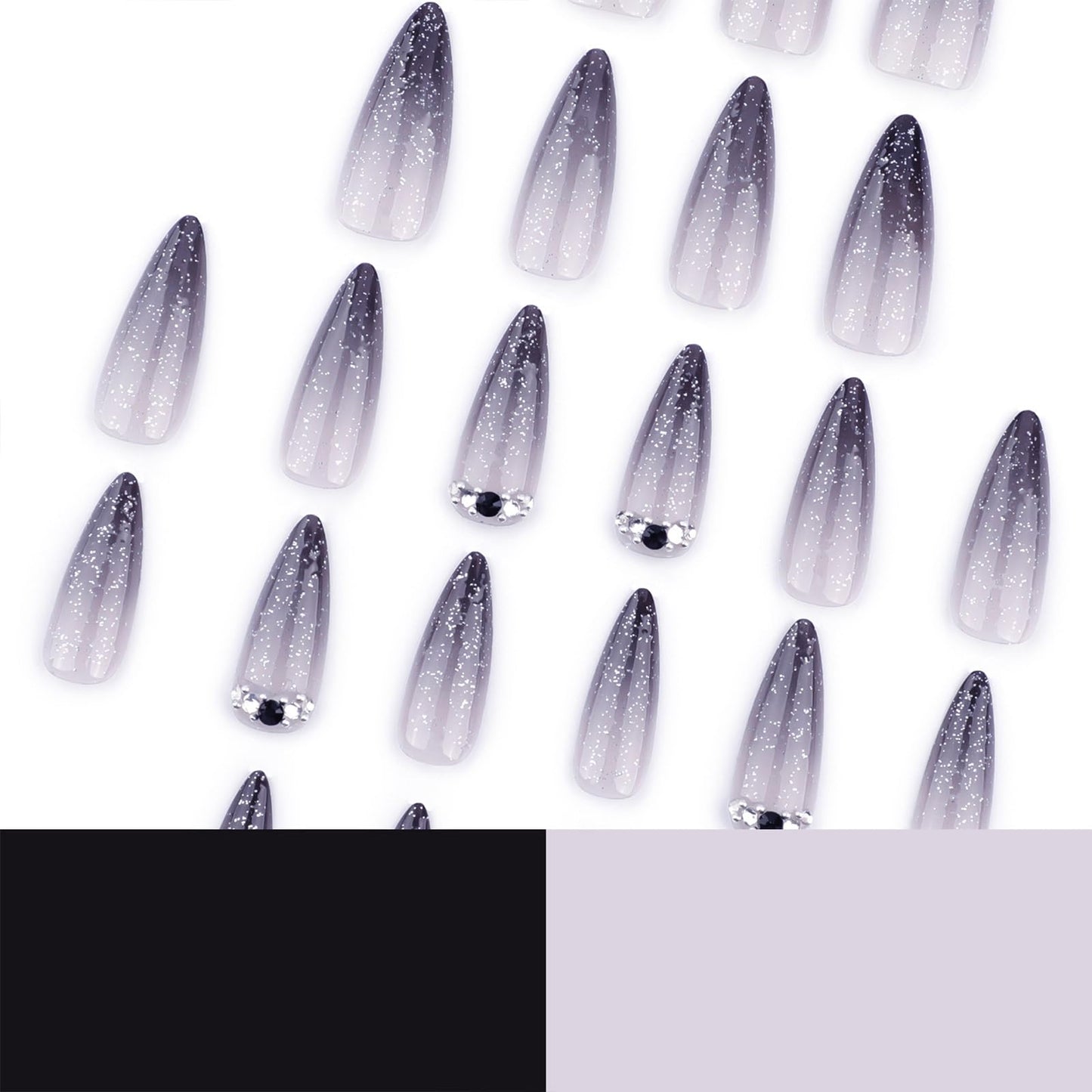 SINHOT Stiletto Press on Nails Long Fake Nails Glossy Glue on Nails Black Gradient Acrylic Nail Almond Artificial Nail Bling Glitter False Nail with Design 24 pcs
