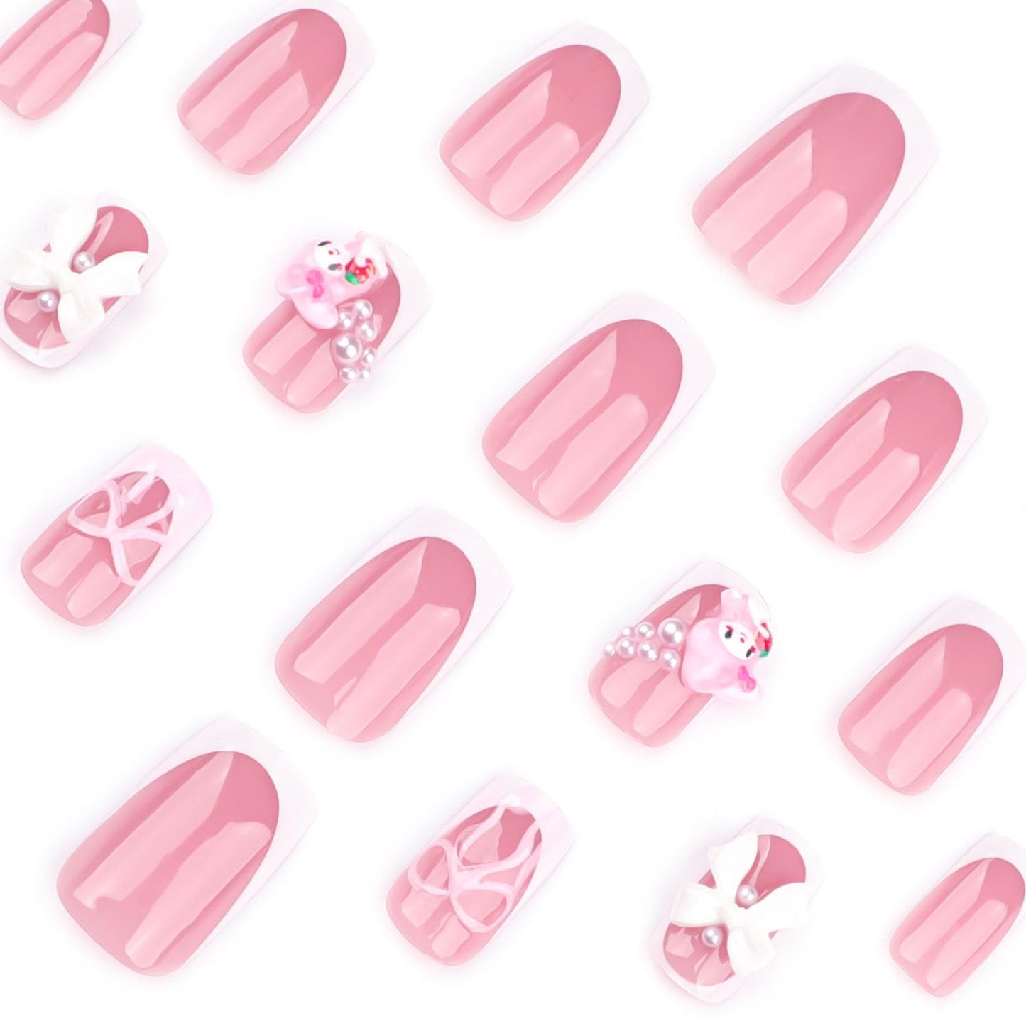 White French Tip Press on Nails Short with Charms Bow Pearl Design, Pink French Nails Press ons Cute False Nails Short Square Nail Art Full Cover Stick on Nails for Women Manicure Decorations 24Pcs