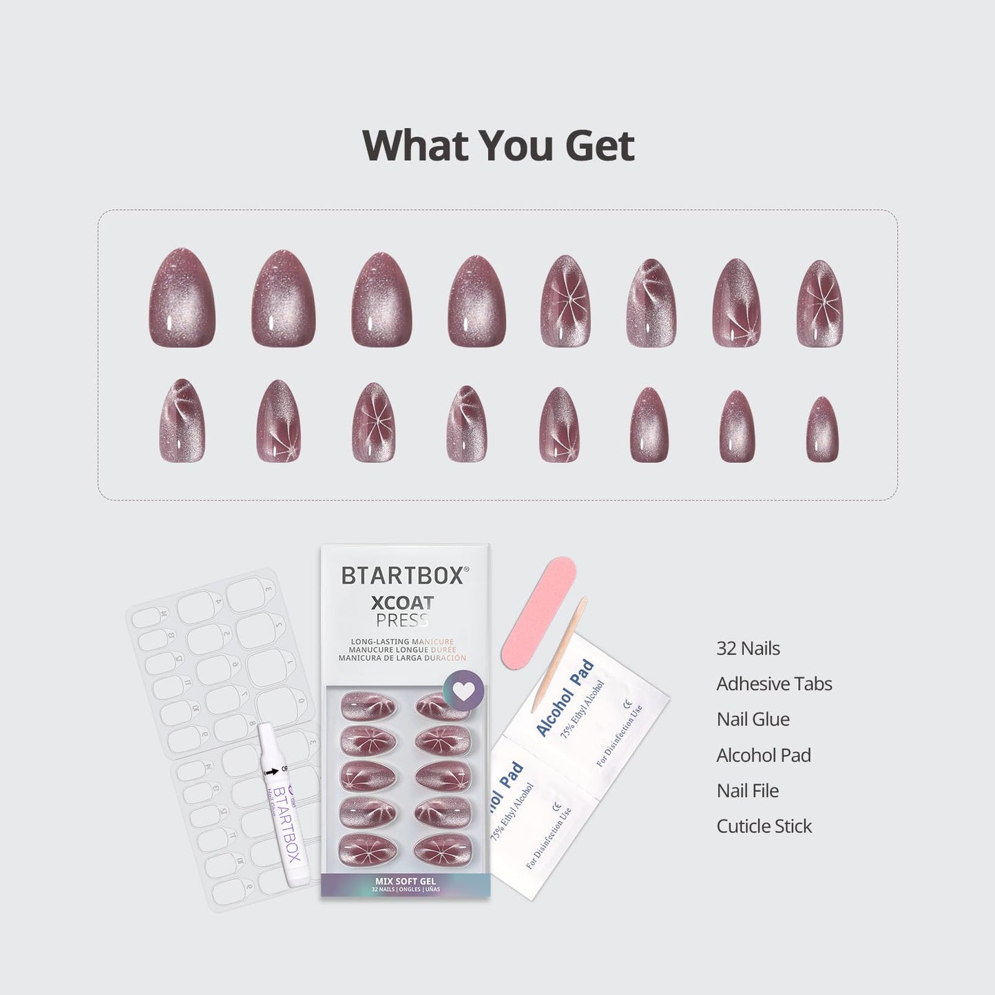 BTArtbox Press On Nails Short - Berry Spark, Lamp-Curable Glitter Almond Press On Nails with Glue and Adhesive Tabs for Women in 16 Sizes - 32 Soft Gel Glue On Nails Kit