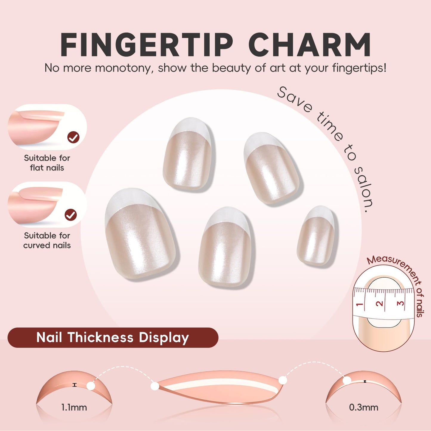 HOSAILY Short Oval Press on Nails Almond, White Chrome Press ons Small Fake Nails French Tip Pearl Shine Design Glue on Nails, 24pcs Natural Nude Glossy Classic Full Cover Stick on Nails for Women
