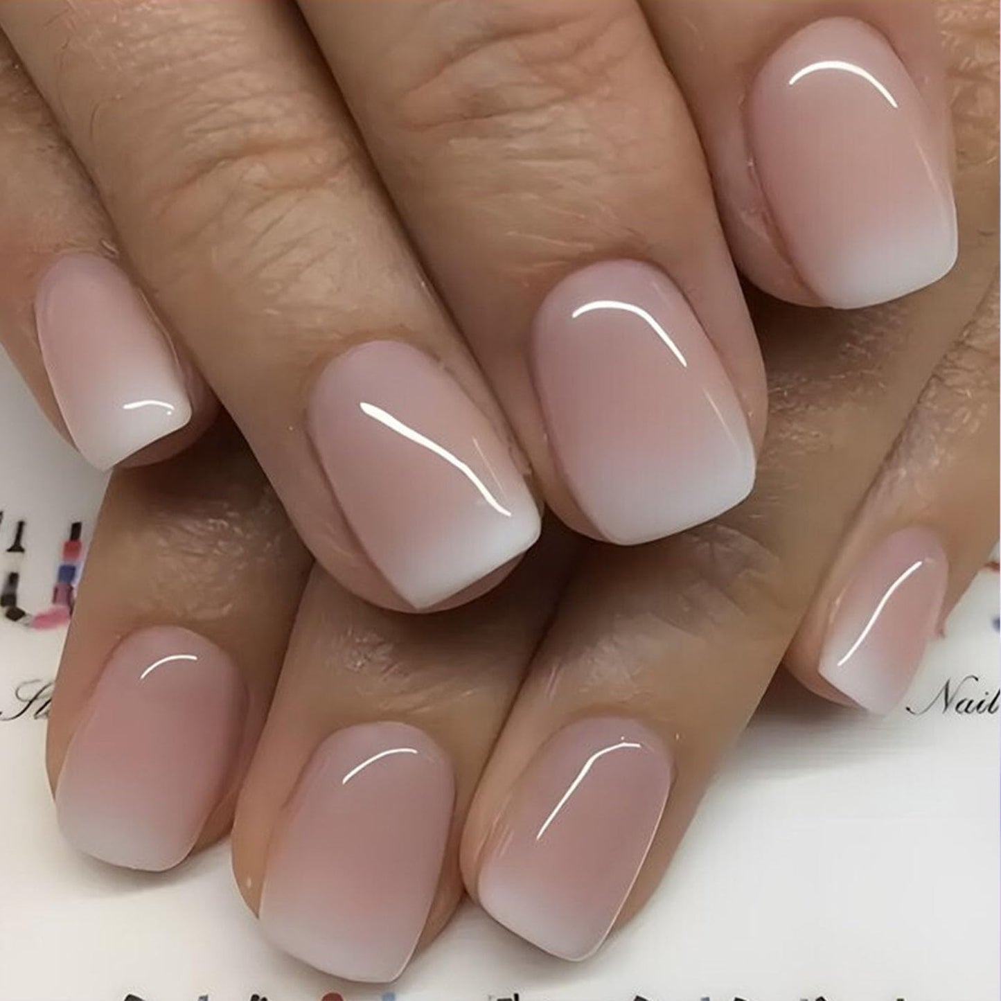 Short Press on Nails Square Fake Nails Ombre Acrylic Nails Press ons Full Cover Glue on Nails Pink White Gradient Glossy False Nails with Cute Artificial Stick on Nails for Women Girls 24 Pcs