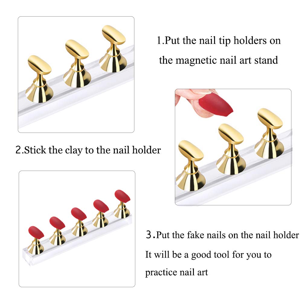 Etercycle Acrylic Nail Display Stand DIY Nail Crystal Holder Magnetic Practice Stands with Reusable Adhesive Putty Clay for False Nail Tip Manicure Tool (2 Gold)