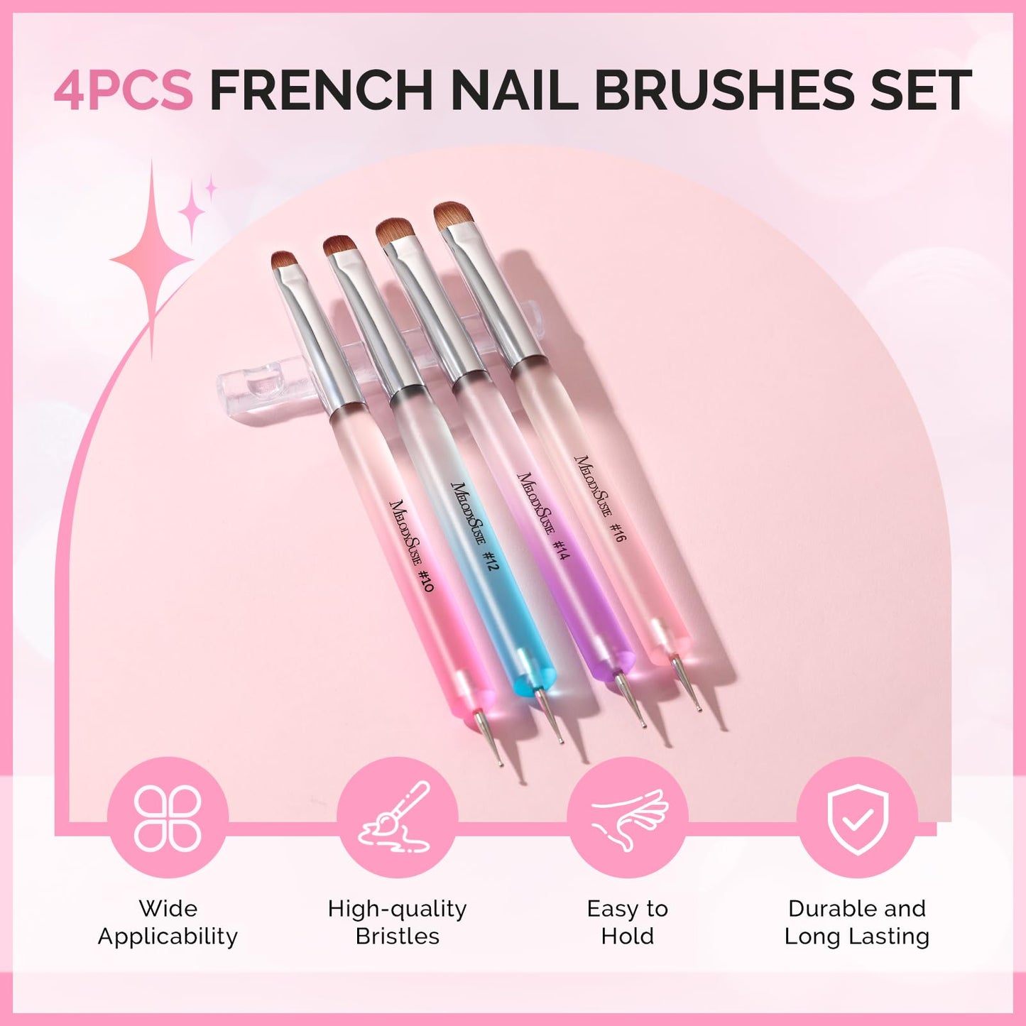 MelodySusie 4Pcs Dual-Ended French Nail Brush and Dotting Pen Set, Size #10#12#14#16 with Brush Holder, for French Tips Nail Clean Up and Nail Dotting