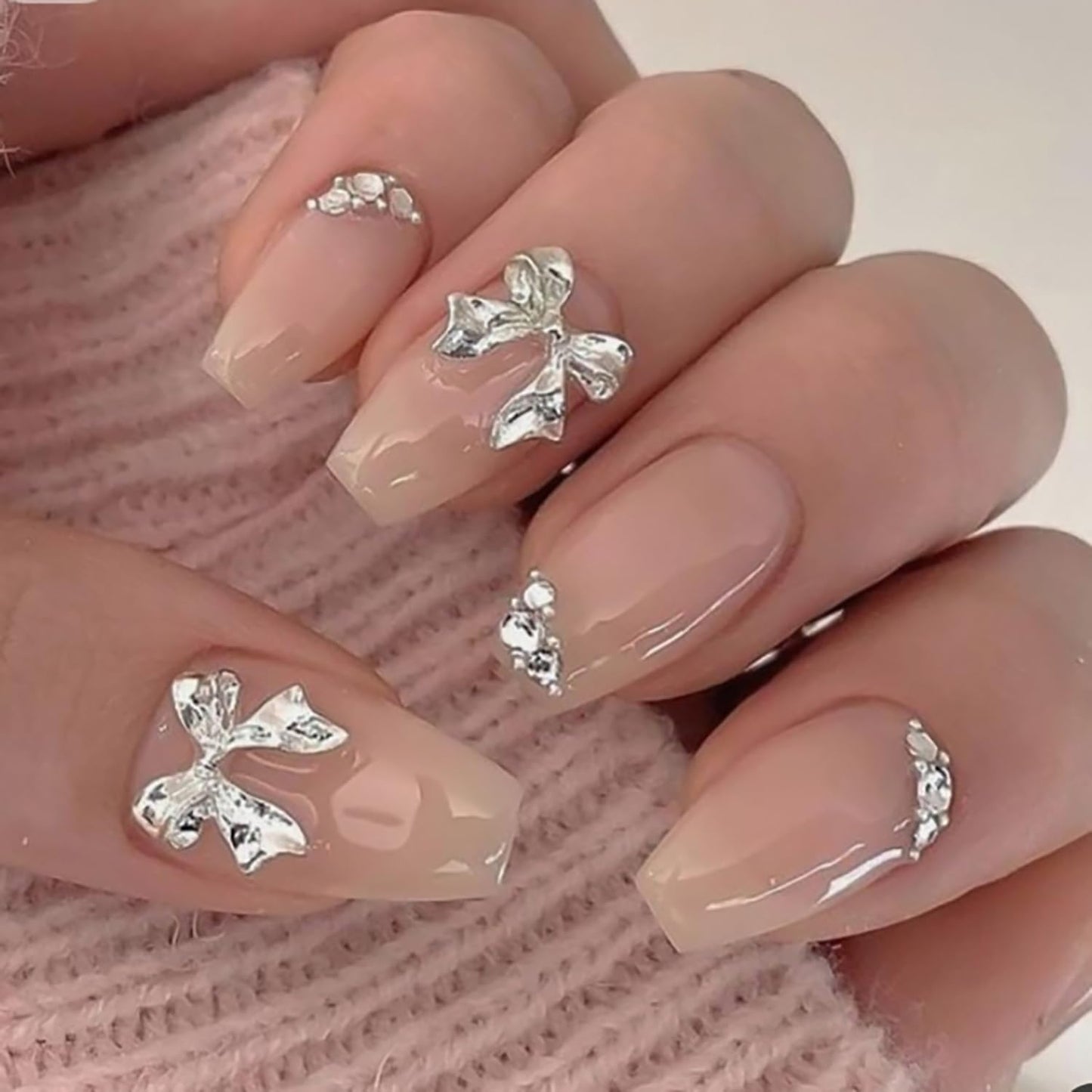 Vopintpy 3D Silver Bow Press on Nails Short Square Fake Nails with Design Nude Glossy Acrylic Glue on Nail Reusable Full Cover Artificial Stick on Nail for Women DIY Manicure