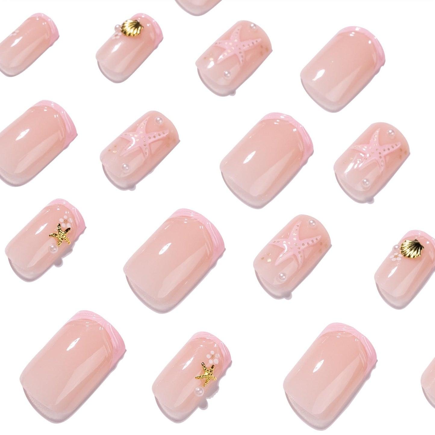 CTTHNBD Short Press on Nails Square - Summer Fake Nails with Starfish Shell Design - Pink False Nails Press ons - for Women 24 Pcs