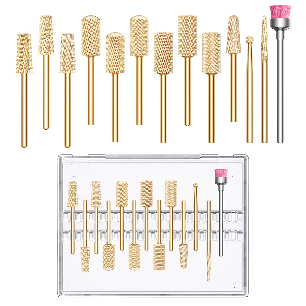 GLIX 13-Piece Professional Nail Drill Bits Set, Gold Tungsten Carbide E File Bits for Acrylic Nails & Gel Polish Removal, Ambidextrous Left/Right Hand Kit with 2XC Typhoon & Safety Cuticle Clean Bits
