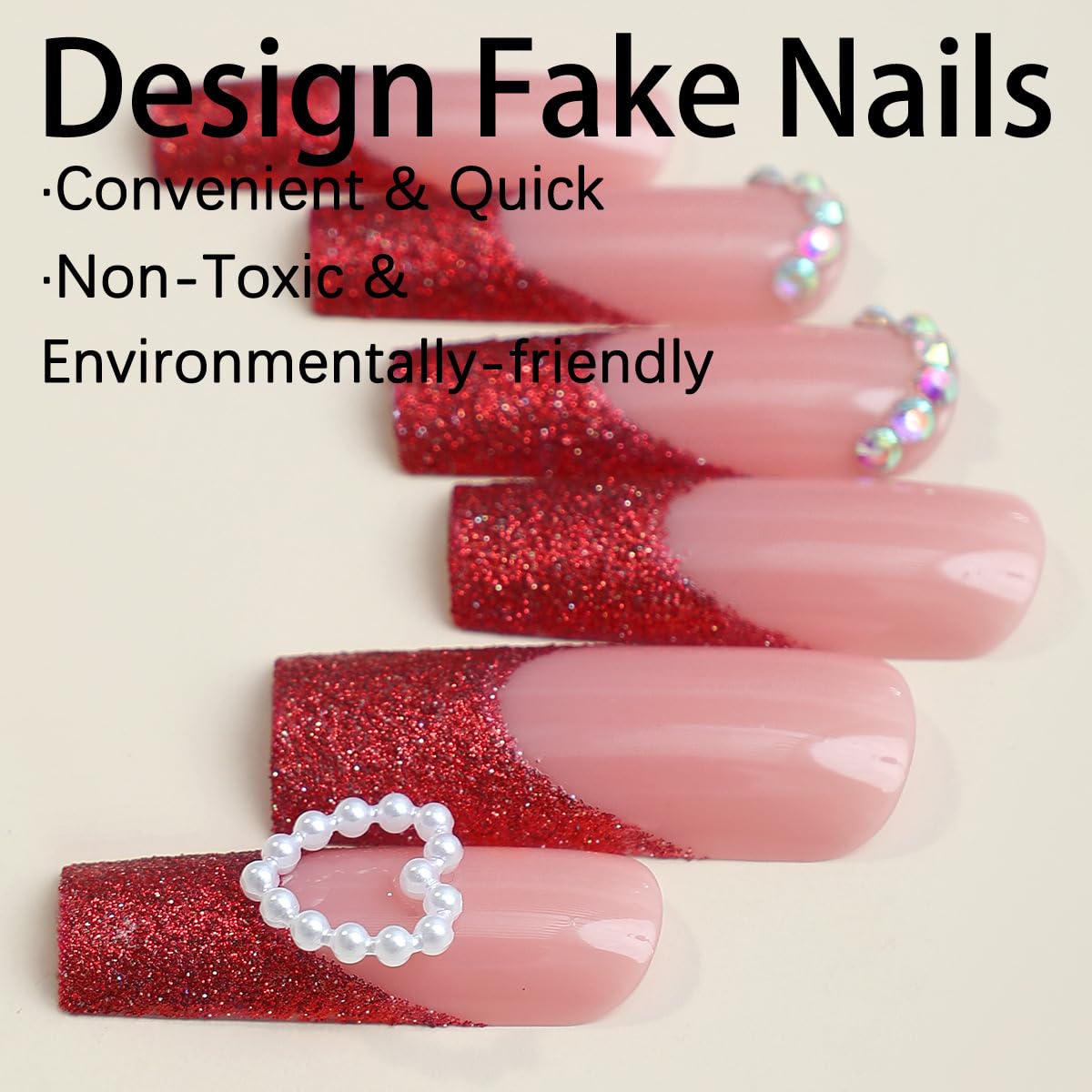 Press On Nails Long Square Fake Glossy Glitter with Rhinestone & Pearl - French Tip Glue on Nails - Artificial, Valentines Day, Acrylic - 24Pcs