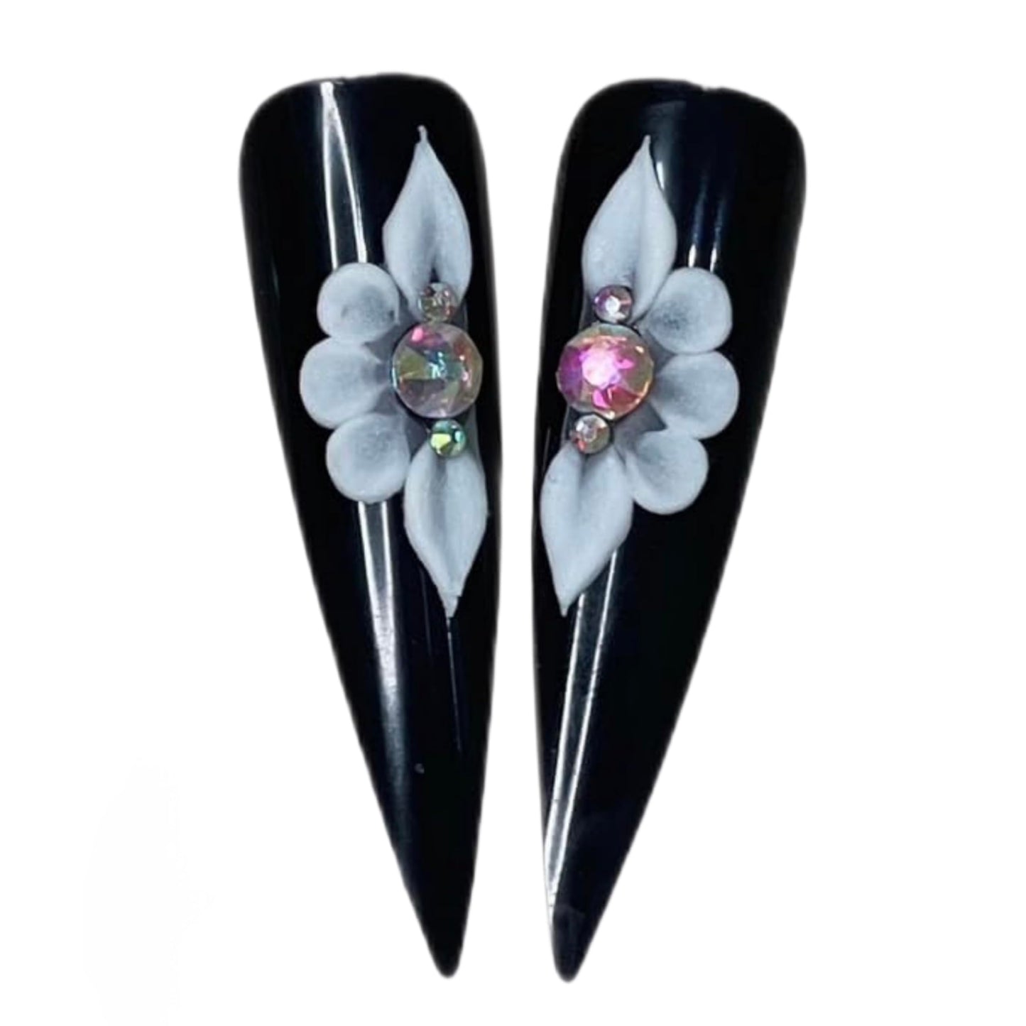 Set 8Pcs 3D Flowers Nails Charms with Rhinestone Gems Handmade by Acrylic Powder Design for Long Nail L,XL,XXL Flower Nail Art Floral Salon Decor Women Girls (8Pcs-White 3 Rhinestones)