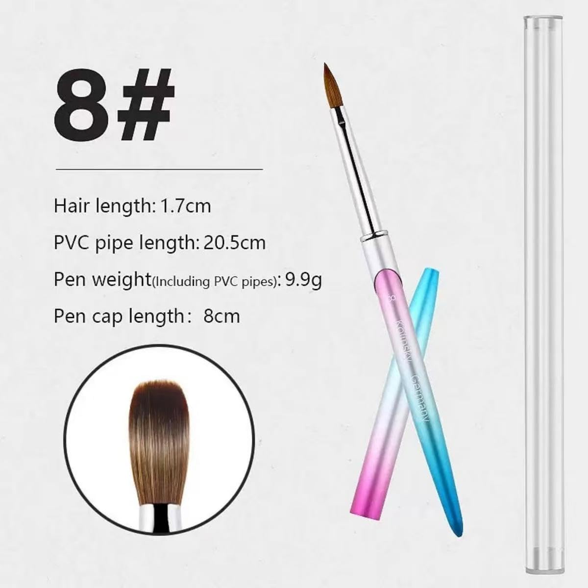 100% Pure Kolinsky Acrylic Nail Brush Size 8, Hair Acrylic Crystal Ombre Pink Silver Blue Handle with Silver Ferrule Round Shaped for Women Girls Manicure Nail Tools Accessories