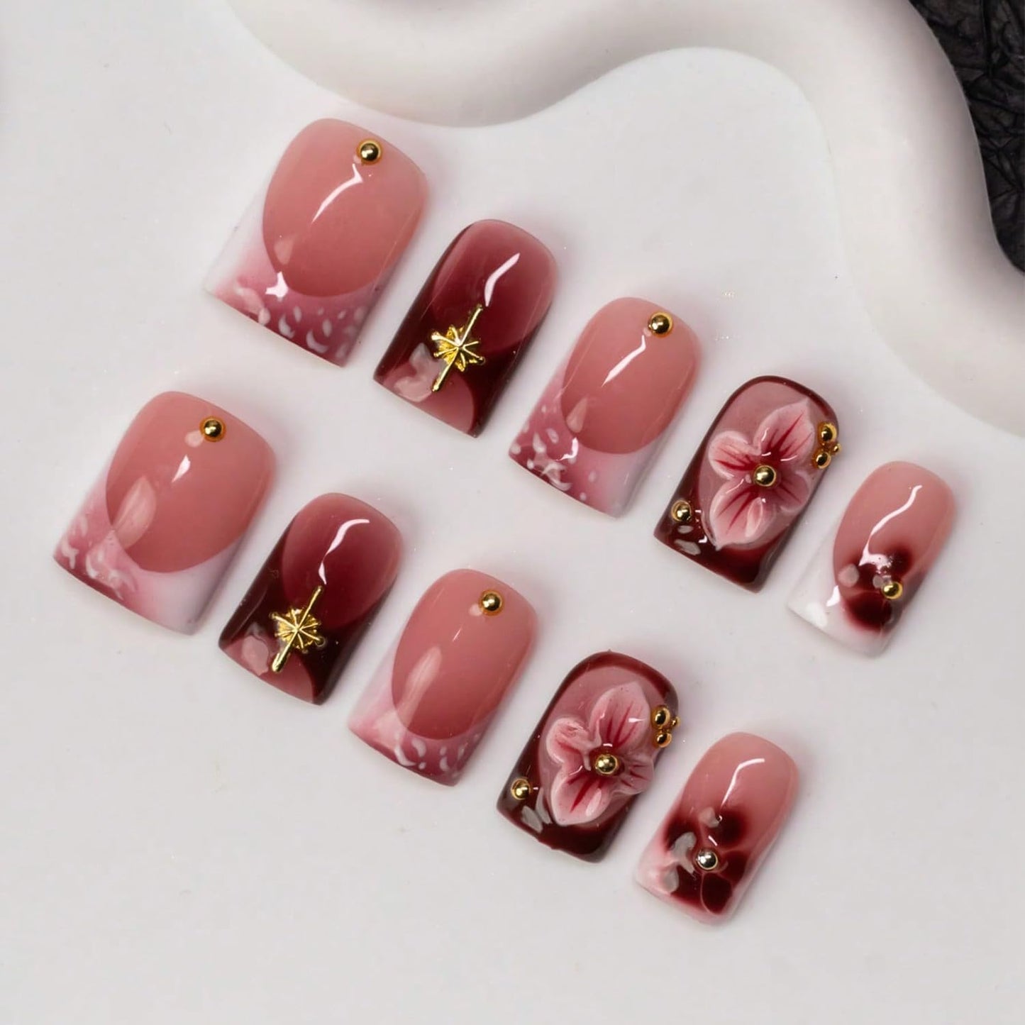 Handmade Press on Nails Square False Nails with 3D Flower & Golden Steel Designs Thicked Fake Nail Gradient Full Cover Muti-Layer Gel Acrylic Nails Red French Tip Stick on Nail for Women (S)