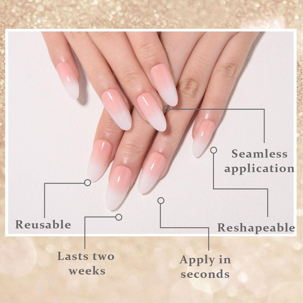 Ombre Pink to White Press on Nails Medium Almond, Medium Almond Glossy Stick on Nails Press on for Women with Manicure Kit, Reusable Acrylic Soft Gel Stick on Fake Nail with Ombre Design Perfectly Fit