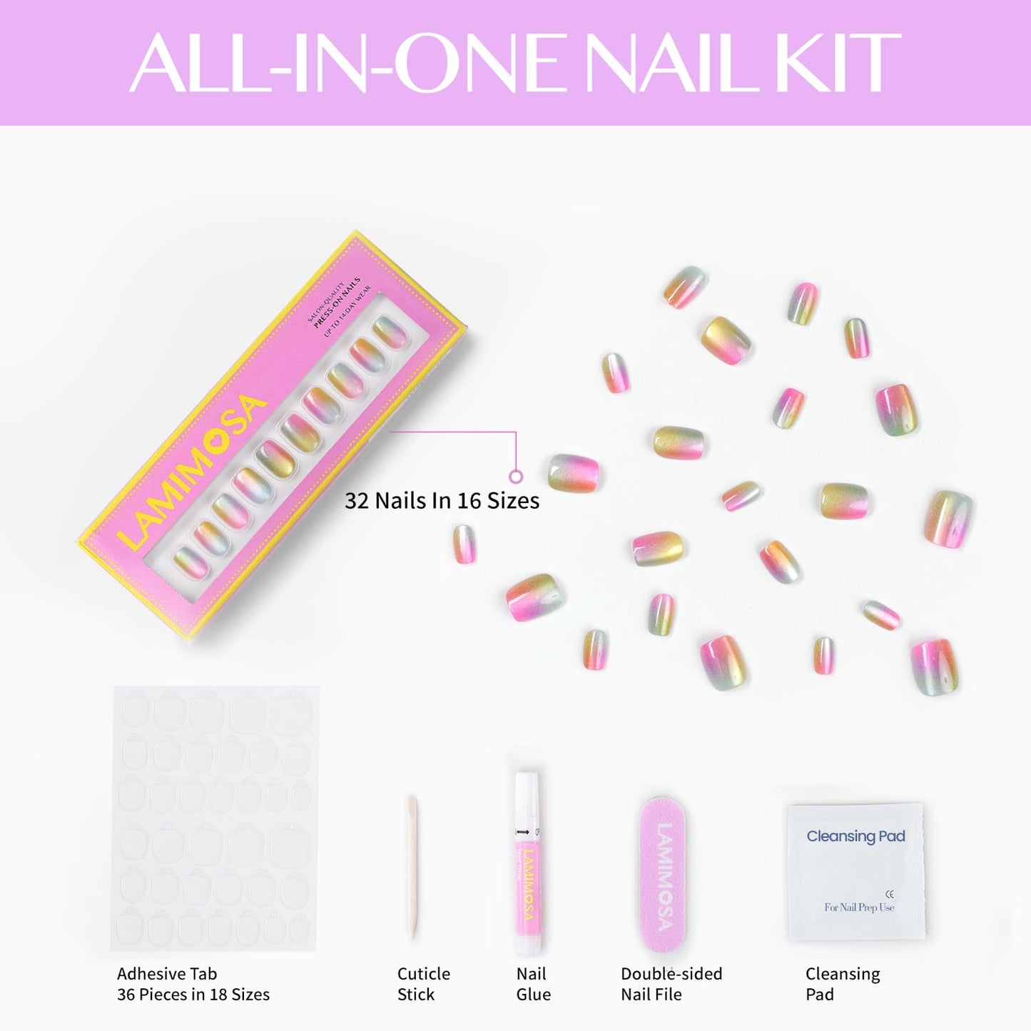 LAMIMOSA 32Pcs Glittery Cat Eye Press On Nails Short Square – Soft Gel Fake Nails in 16 Sizes, Colorful Sparkly Glue on Nail kit, Spring Summer Rainbow Nails, RAINBOW SPARKLE