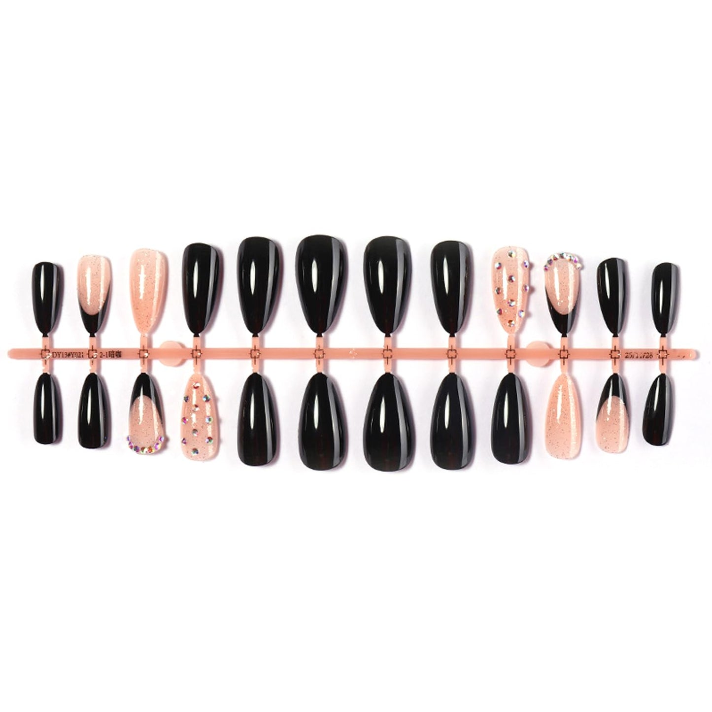 24Pcs Black French Tip Press on Nails - Medium Almond Fake Nails with 3D Rhinestone Designs Black False Nails Silver Glitter Acrylic Stick on Nail Nude Glossy Full Cover Gel Artificial Nail for Women