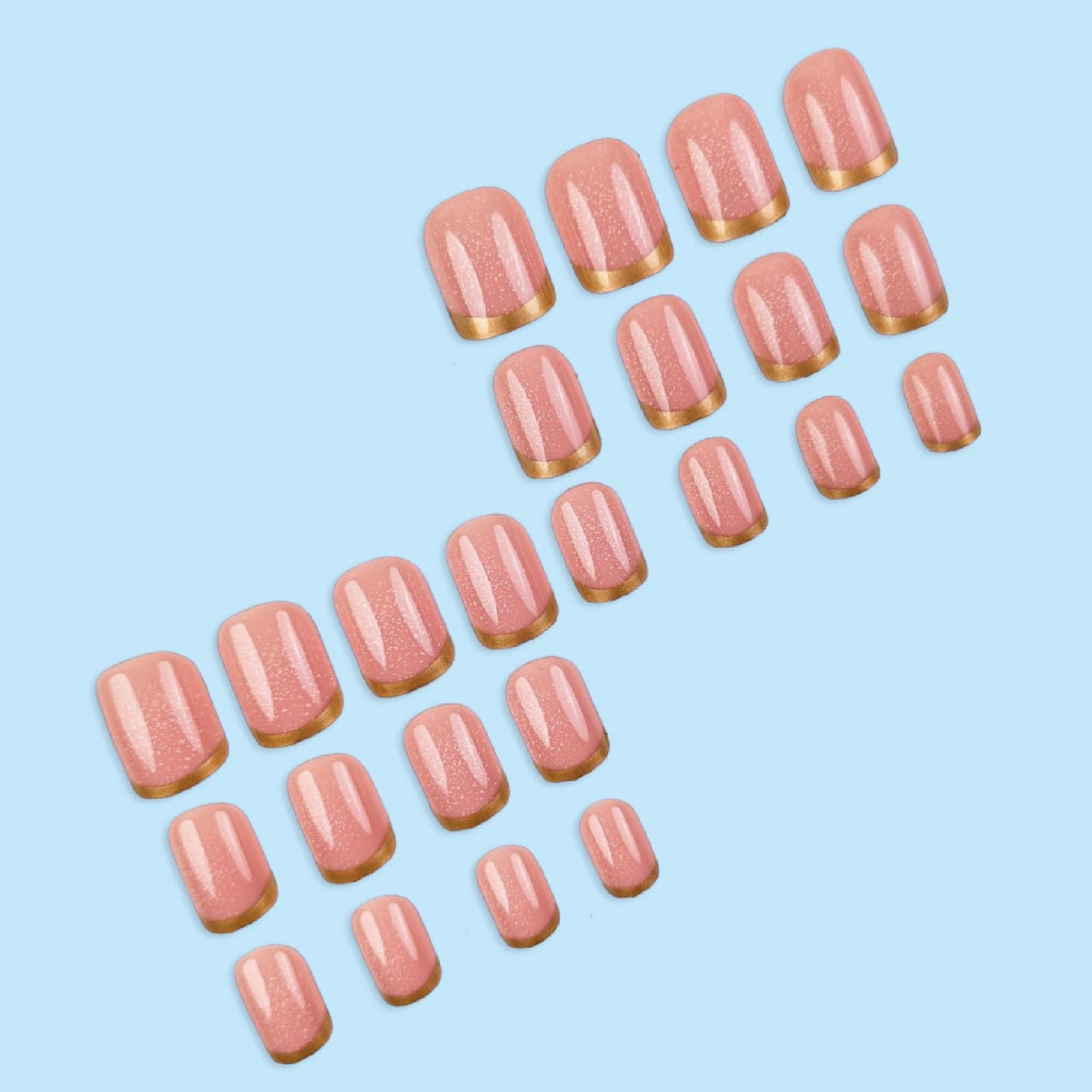 24Pcs French Tip Press on Nails Short Square Fake Nails with Glitter Full Cover Designs Nails Press ons Pink Gold Acrylic Nails Simple Stick on Nails for Women
