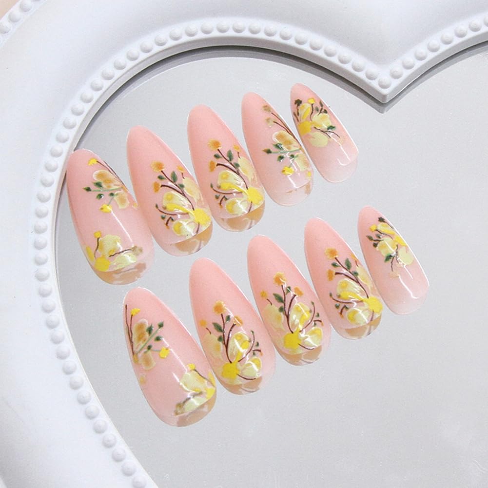24Pcs Medium Length Press on Nails French Almond Shaped With Floral Design And Acrylic Artificial False Nails Kit Full Cover Nude Glossy With Fake Nail Suitable Women and Girls