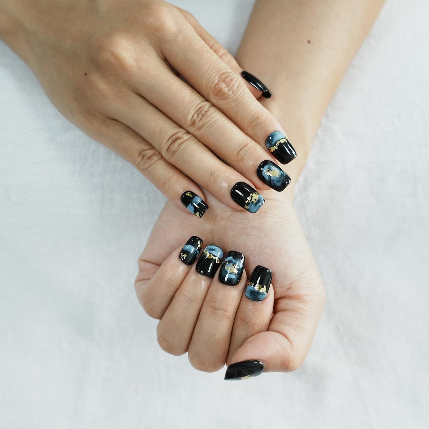 Tesytto Short Coffin Press on Nails - Handmade Black Fake Nails with Blue Ombre Glitter Gold Foil Design, High Gloss Acrylic Nails for Women, Party, Daily Wear (Playful Doodle,M)