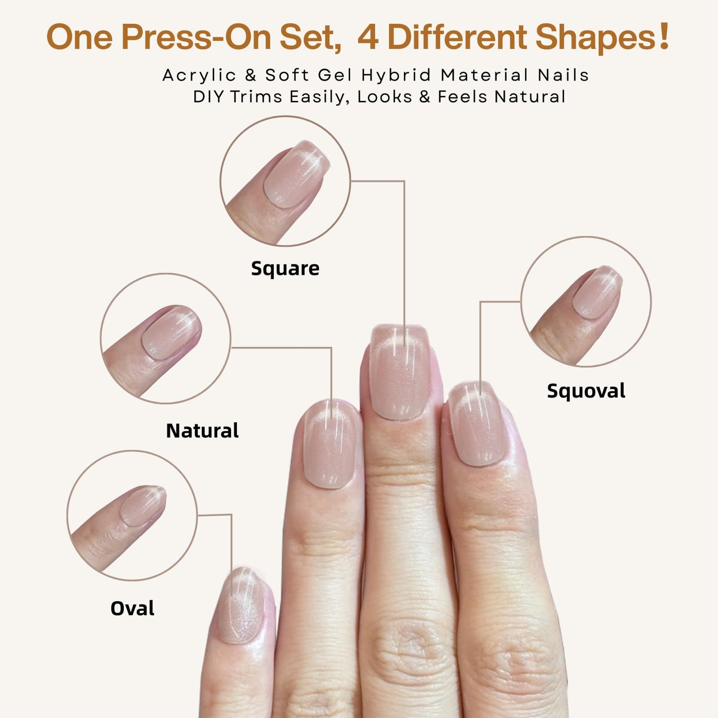 SnypeeLab Nude Pink Cat Eye Press on Nails Short Square, French Tip Short Square Glue on Nails for Women Gift, Reusable Soft Gel Press on Acrylic Nail with Designs 30Pcs(Nude Pink2)
