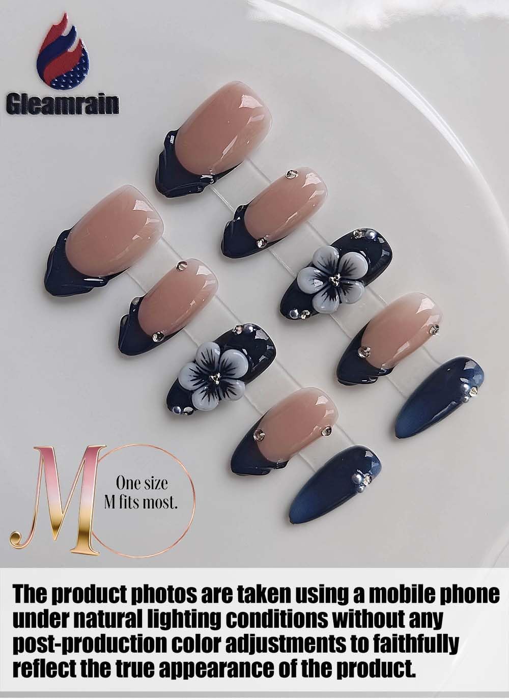 Gleamrain Almond Medium Handmade Press on Nails for Women, Handcrafted Floral Dark Blue Design Nude Natural Reusable Full Cover Fake Nail for Daily Wear Party Prom D315
