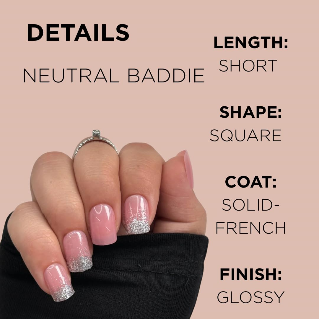 NEUTRAL BADDIE Press-On Nails by Lavaa Beauty | Short Square Press-On Nails | Glitter French Tip on Nude/Pink Base
