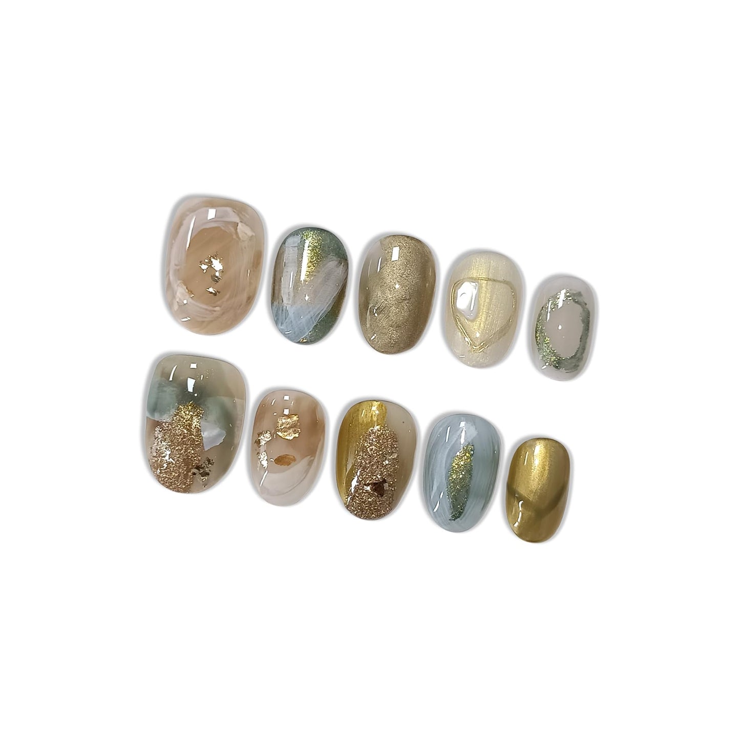 Hantyer Golden Ombre Press on Nails with 3D Glitter Flakes & Gold Foil, Short Oval Glossy Soft Glam Fake Nails, Reusable Elegant False Nails for Women Fall Winter Season Party, Size XS