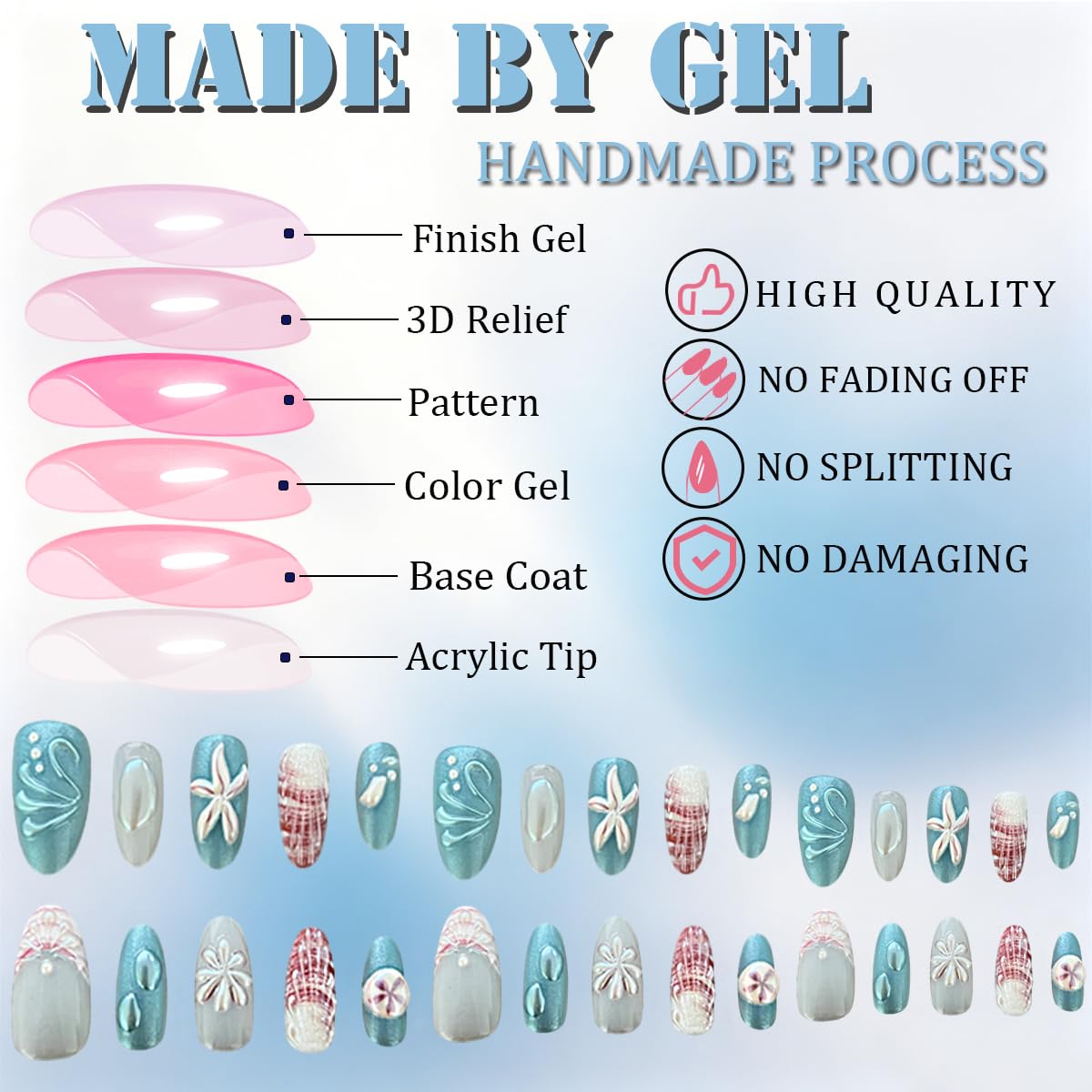 3D Press On Nails Almond Medium Light Blue Fake Nails with Cat's Eye Embossed Marine Life Summer Beach Designs, Acrylic Artificial Nail Press ons False Stick On Nails for Women Girls 30Pcs