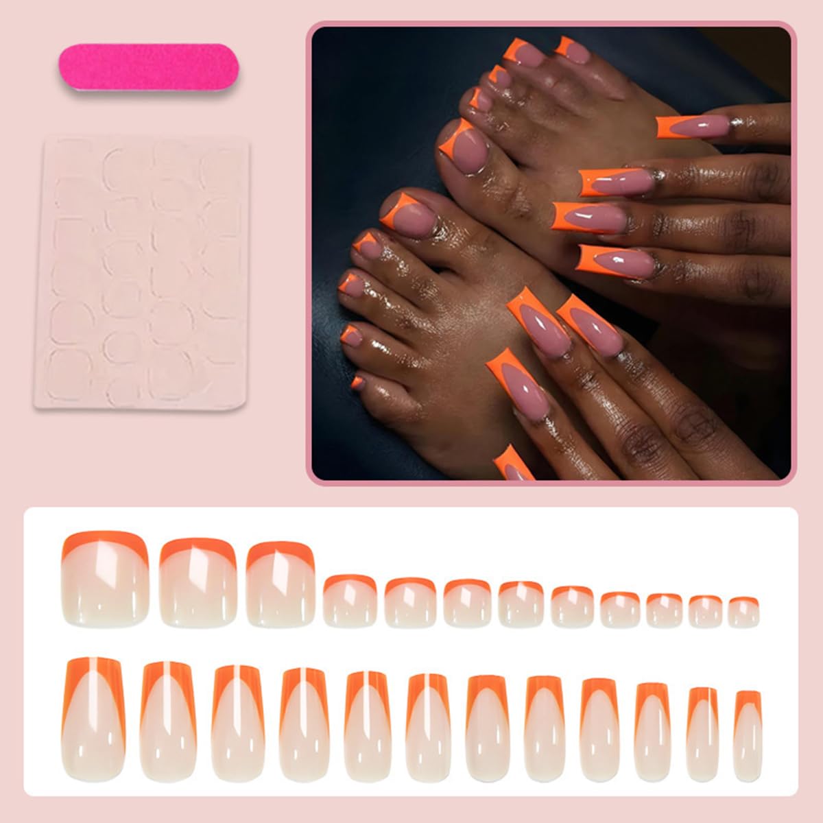 48Pcs Orange French Tip Press on Nails Short & Press on Toenails Set - Medium Fake Nails Press ons Nail Art Tips Cute Glue on Nails Full Cover Nude Fake Toe Nail with Glossy Design Acrylic Nail Kit