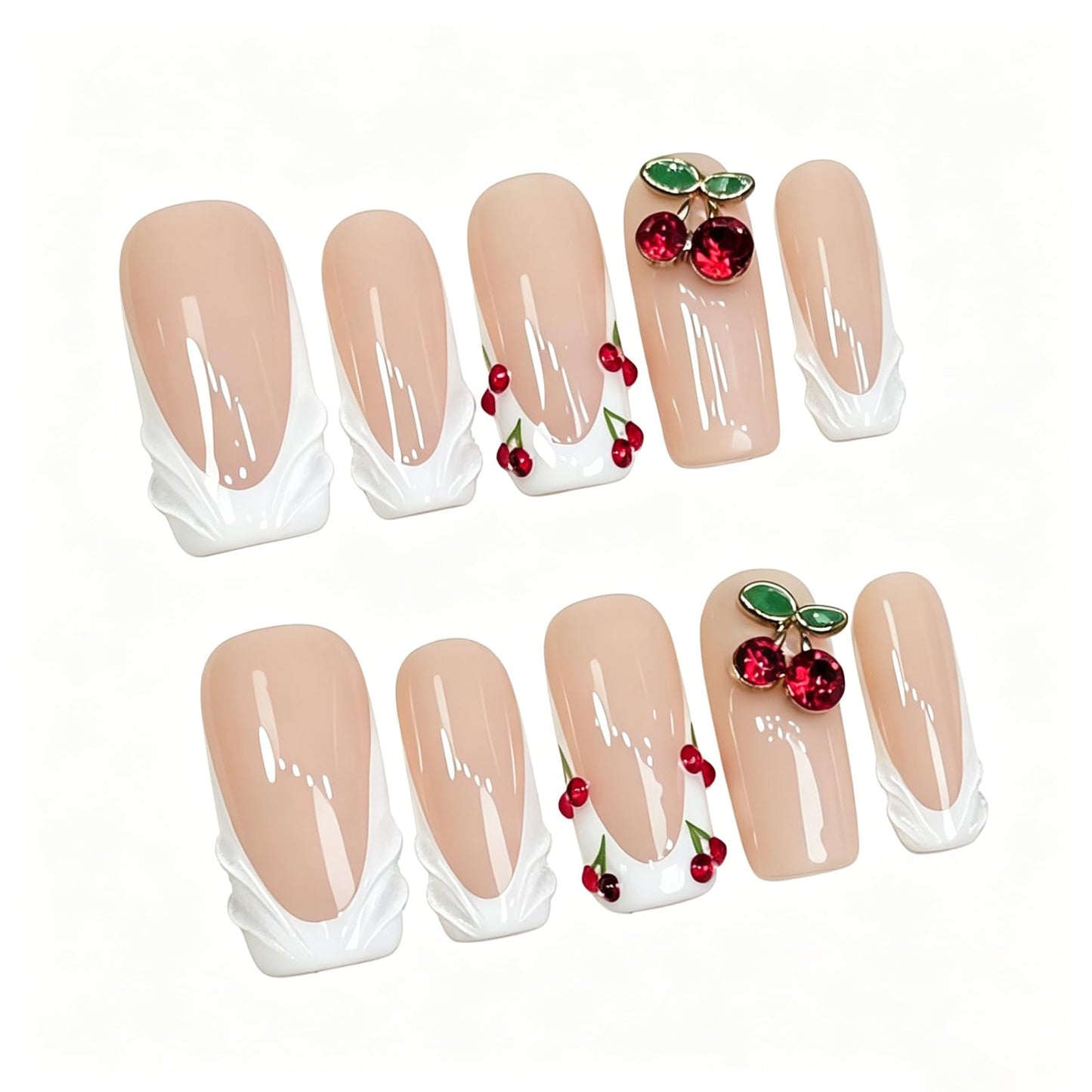 Exylixor Handmade Press on Nails Long Square - Sweet Cherry & White French Tip Fake Nails, Luxury 3D Fruit Jewelry False Nails, 10 Pcs for Women (Size M)