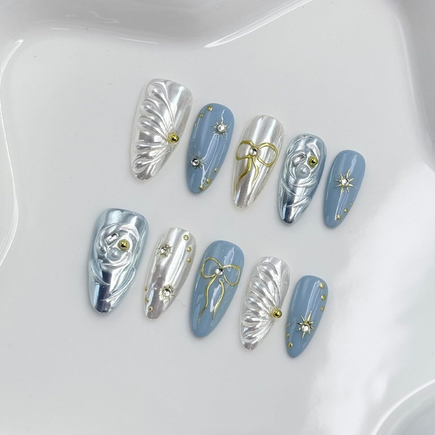 Handmade Press on Nails Medium Almond Fake Nails withGlue,Luxury Rhinestone & 5D Bow Blue Press ons Muti-LayerGel Handmade False Nails for Women (Size M)