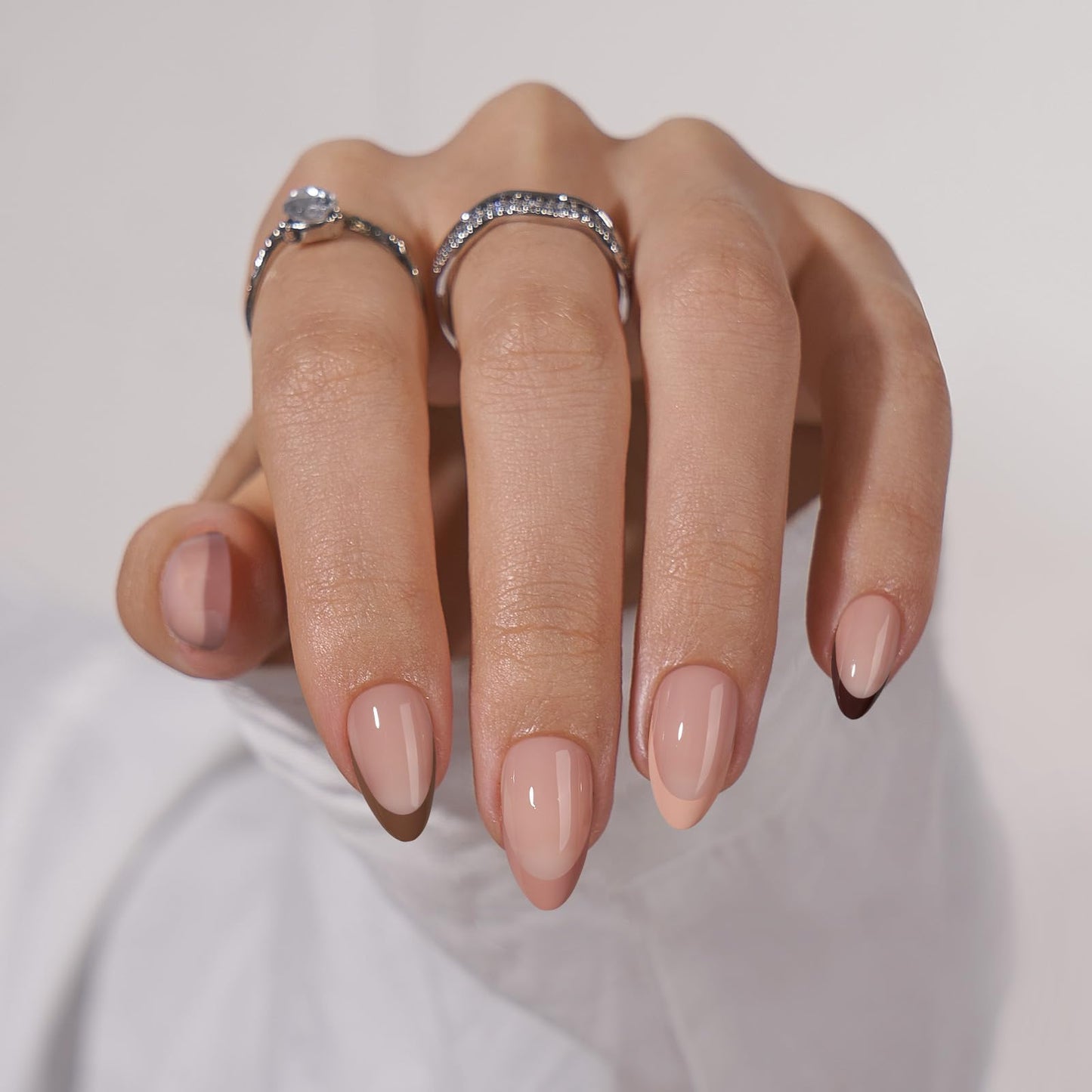 BTArtbox Almond Press On Nails - French Tip Press On Nails, Supremely Fit & Natural Glue On Nails with Nail Glue, Reusable Stick On Nails Soft Gel Fake Nails Kit, Morning Coffee & Dazzling Pink